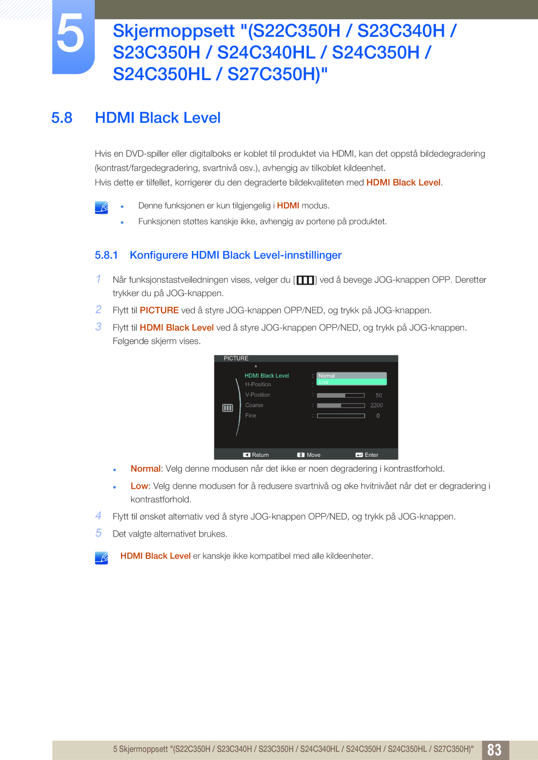 Samsung LS27C350HS/EN, LS22C350HS/EN, LS24C350HS/EN, LS23C350HS/EN manual Konfigurere Hdmi Black Level-innstillinger 