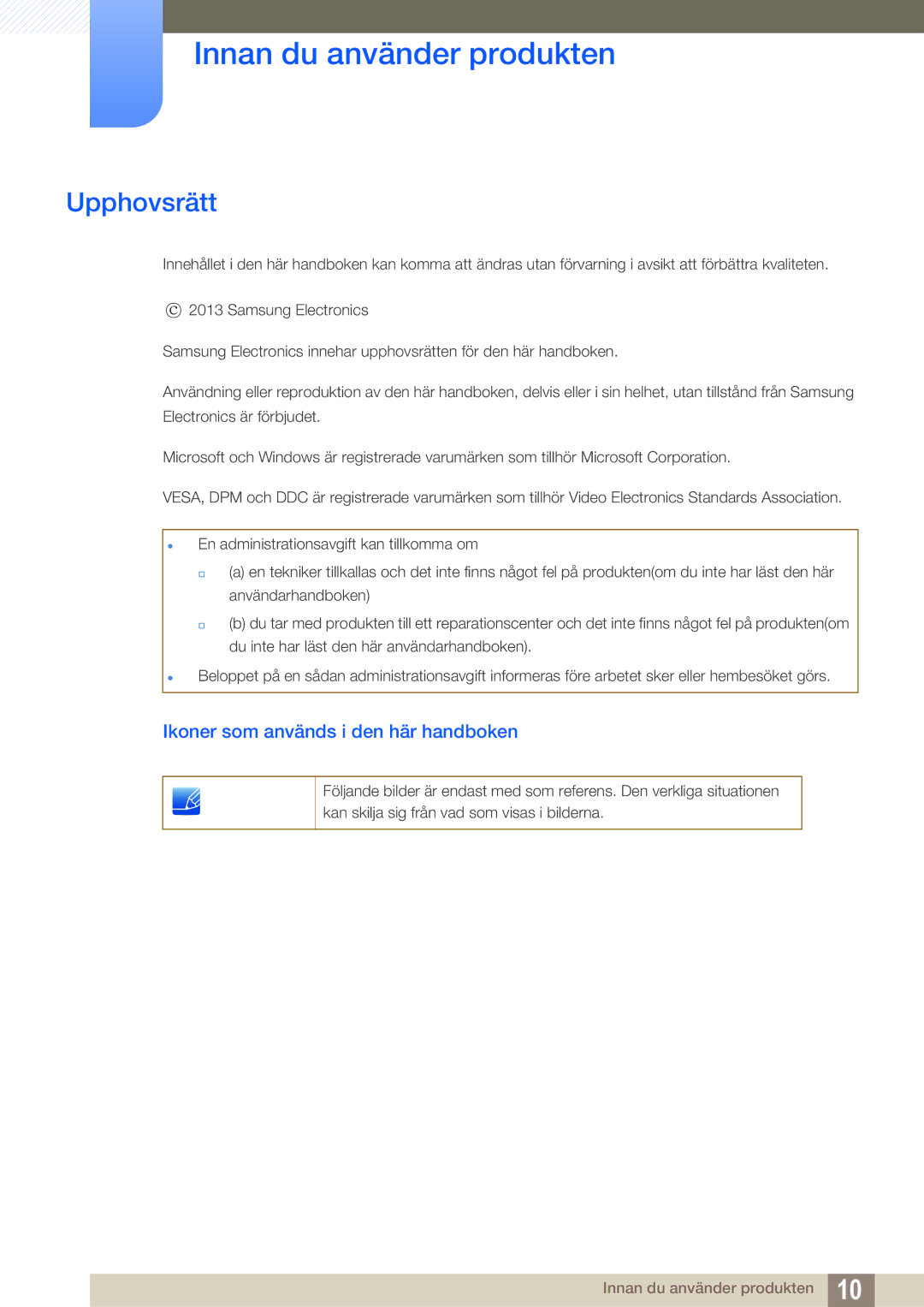 Samsung LS23C350HS/EN, LS22C350HS/EN manual Innan du använder produkten, Upphovsrätt, Ikoner som används i den här handboken 