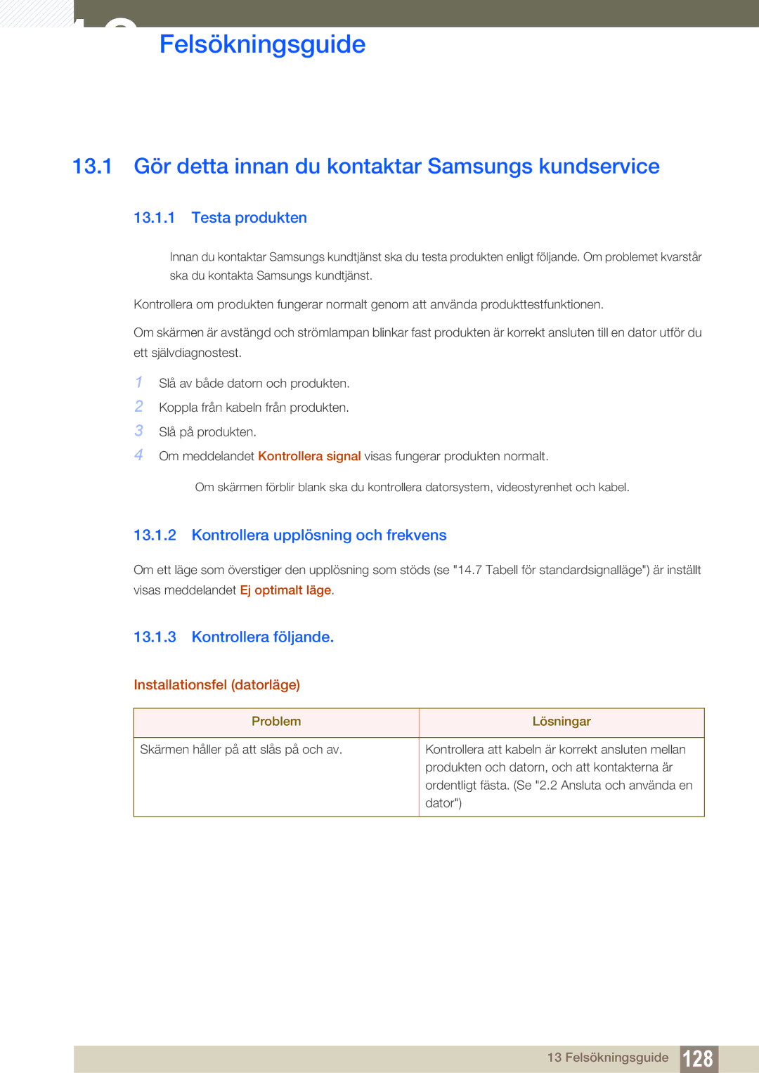 Samsung LS22C350HS/EN manual Felsökningsguide, 13.1 Gör detta innan du kontaktar Samsungs kundservice, Testa produkten 