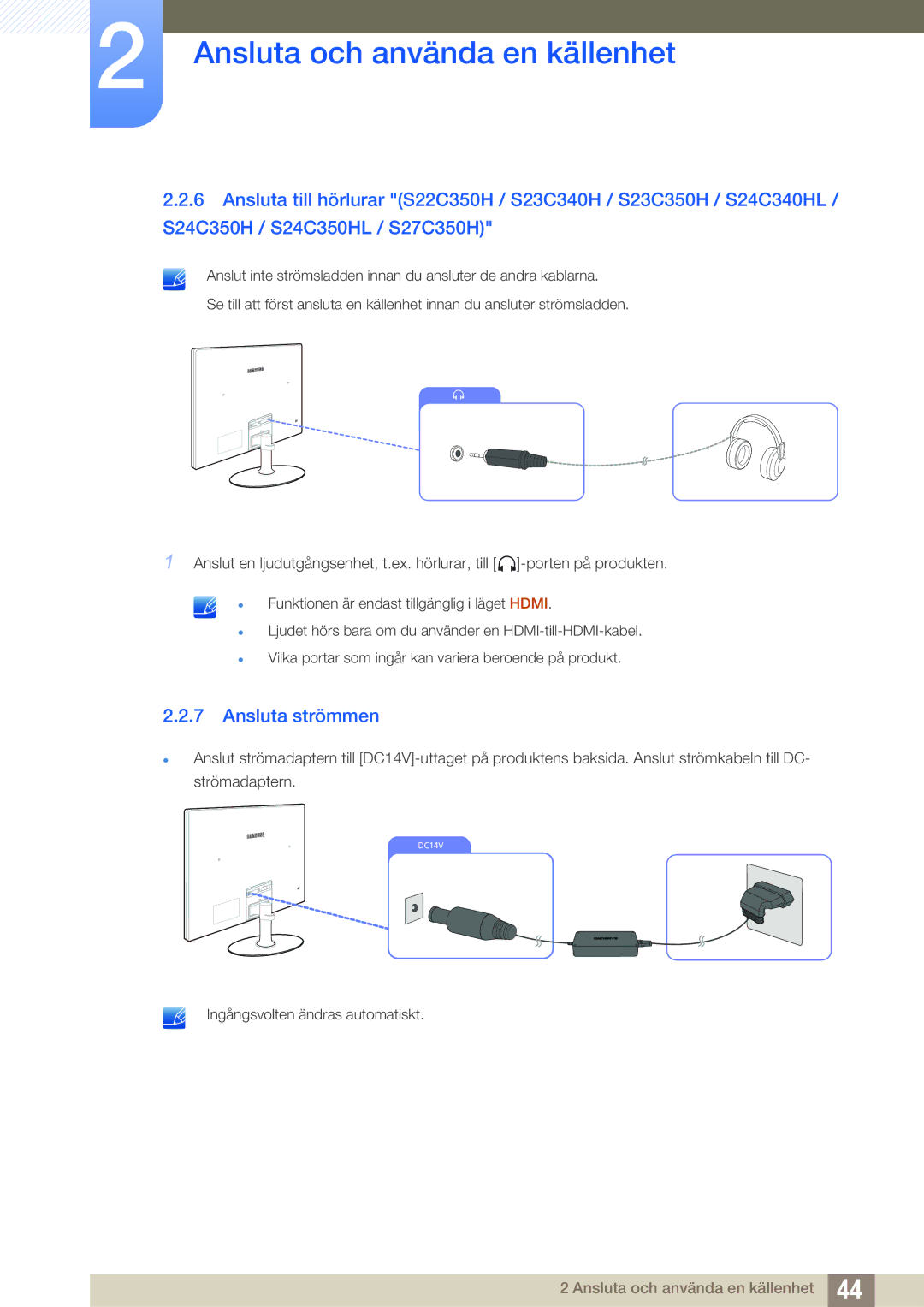 Samsung LS22C350HS/EN, LS24C350HS/EN, LS23C350HS/EN, LS27C350HS/EN manual Ansluta strömmen 