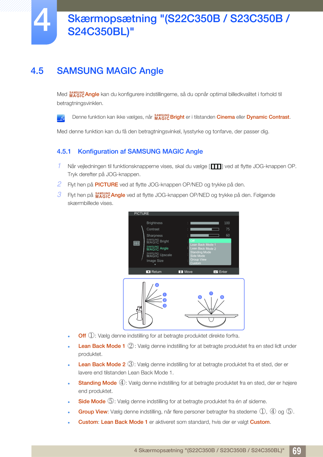 Samsung LS24C350HS/EN manual Konfiguration af SAMSUNG MAGIC Angle, 4 SkærmopsætningS24C350BL S22C350B / S23C350B 