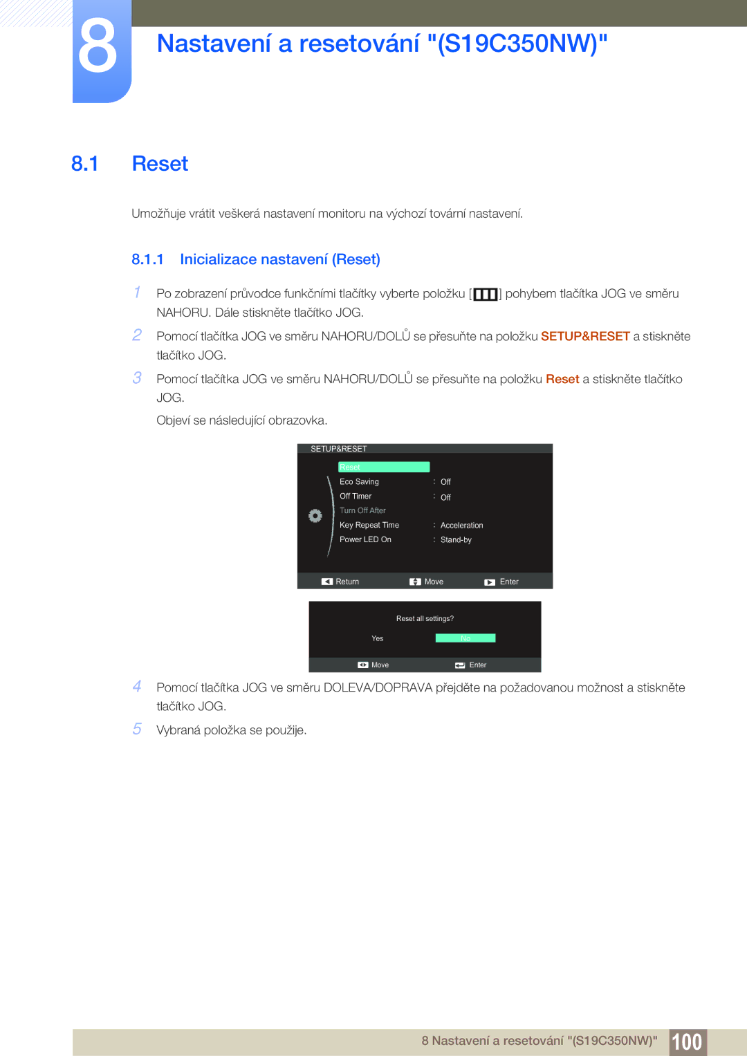 Samsung LS22C350HS/EN, LS24C350HS/EN, LS27C350HS/EN manual Nastavení a resetování S19C350NW, Inicializace nastavení Reset 