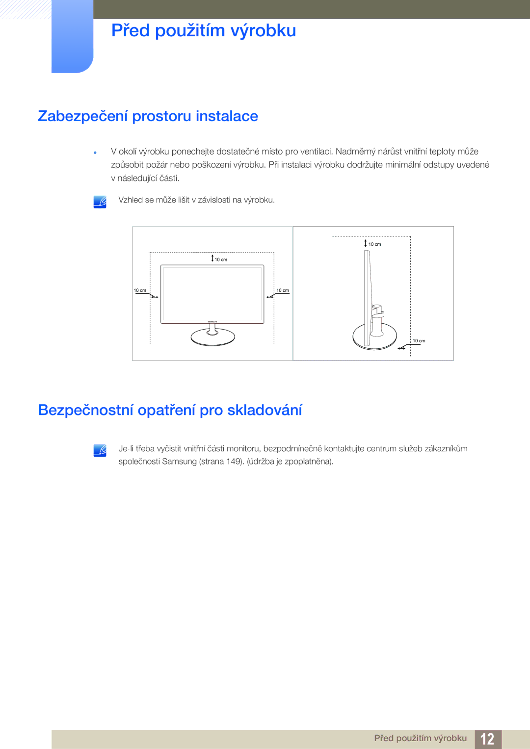 Samsung LS22C350HS/EN, LS24C350HS/EN, LS27C350HS/EN Zabezpečení prostoru instalace, Bezpečnostní opatření pro skladování 