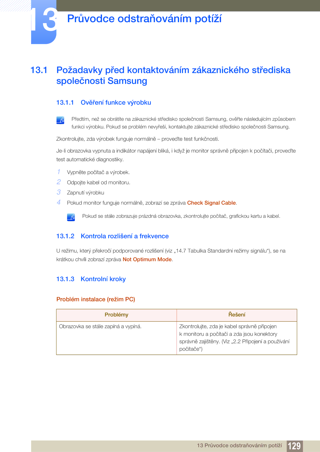 Samsung LS24C350HS/EN 13 Průvodce odstraňováním potíží, 13.1.1 Ověření funkce výrobku, Kontrola rozlišení a frekvence 