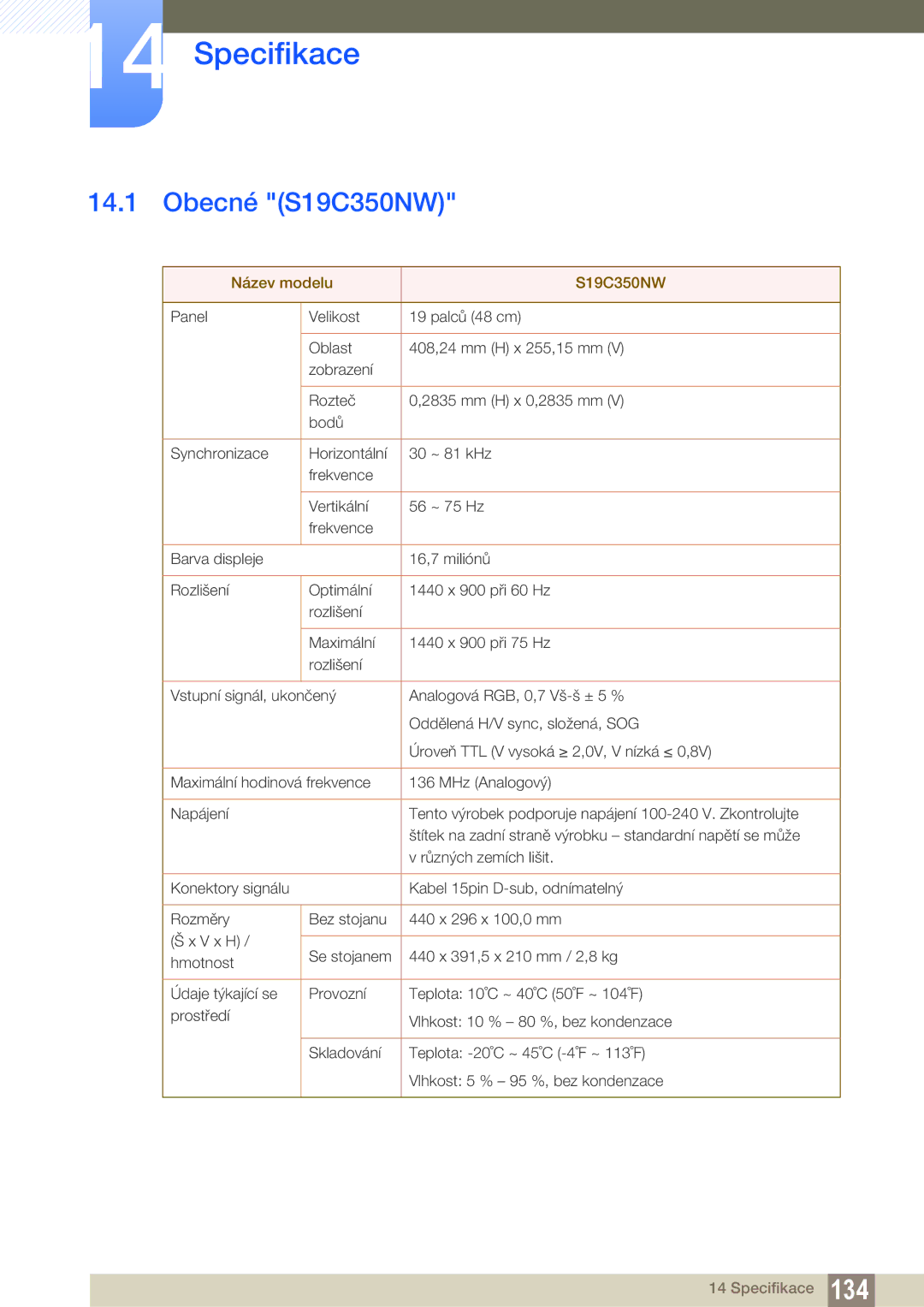 Samsung LS27C350HS/EN, LS22C350HS/EN, LS24C350HS/EN, LS22D300NY/EN manual Specifikace, Obecné S19C350NW 