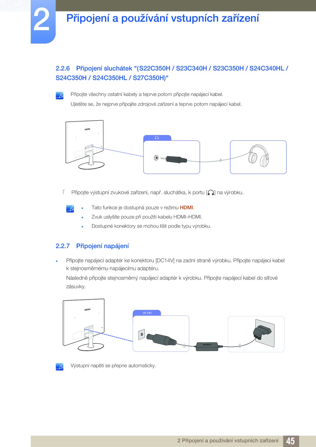 Samsung LS24C350HS/EN, LS22C350HS/EN, LS27C350HS/EN, LS22D300NY/EN manual 7 Připojení napájení 