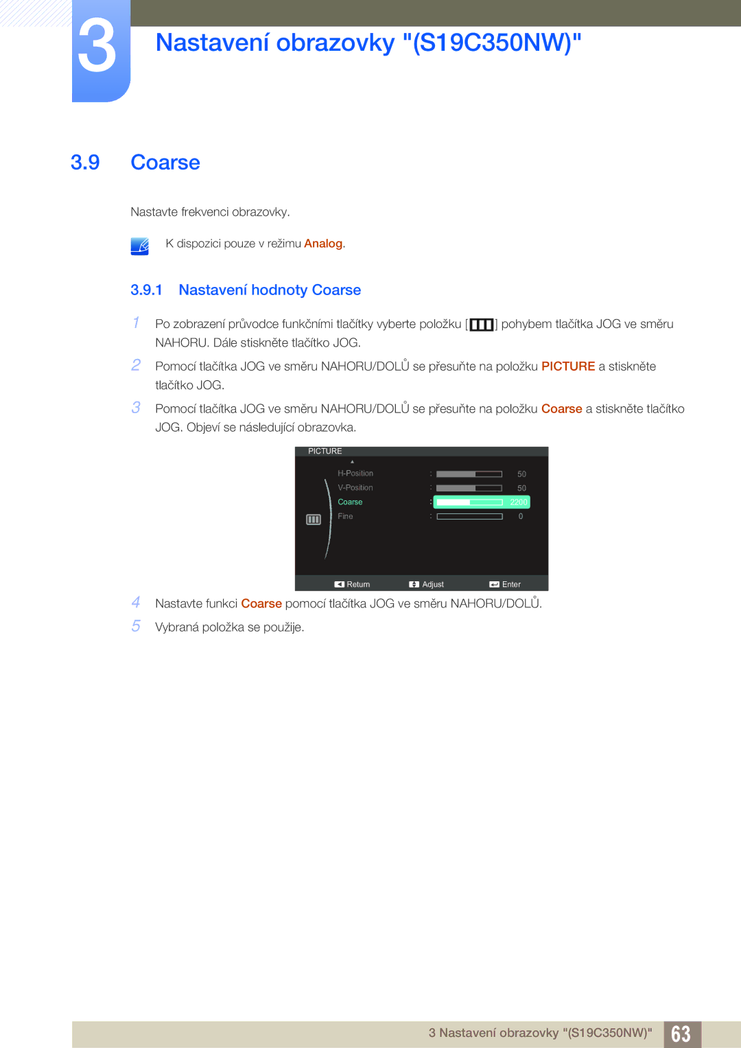 Samsung LS22D300NY/EN, LS22C350HS/EN, LS24C350HS/EN, LS27C350HS/EN manual Nastavení hodnoty Coarse 