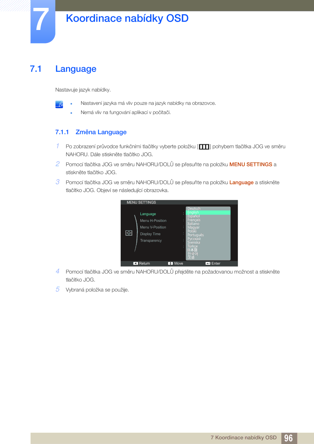 Samsung LS22C350HS/EN, LS24C350HS/EN, LS27C350HS/EN, LS22D300NY/EN manual Koordinace nabídky OSD, 1 Změna Language 