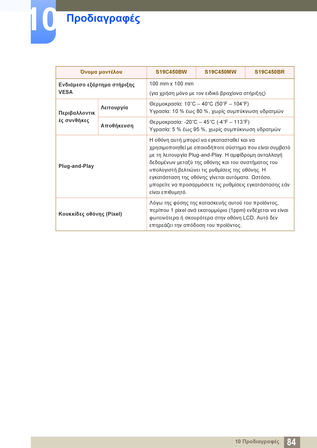Samsung LS19C45KBW/EN manual 10 Προδιαγραφές, Ενδιάμεσο εξάρτημα στήριξης, Vesa, Λειτουργία, Περιβαλλοντικ, ές συνθήκες 