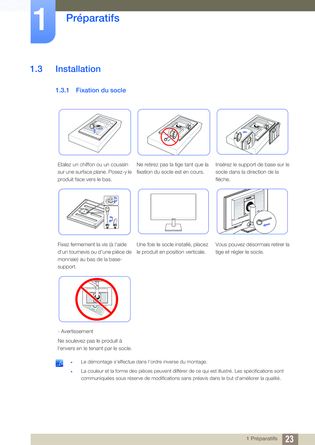 Samsung LS27C45KBSU/EN, LS22C45KMS/EN, LS23C45KMS/EN, LS22C45KBSV/EN, LS22C45KMWV/EN manual Installation, Fixation du socle 