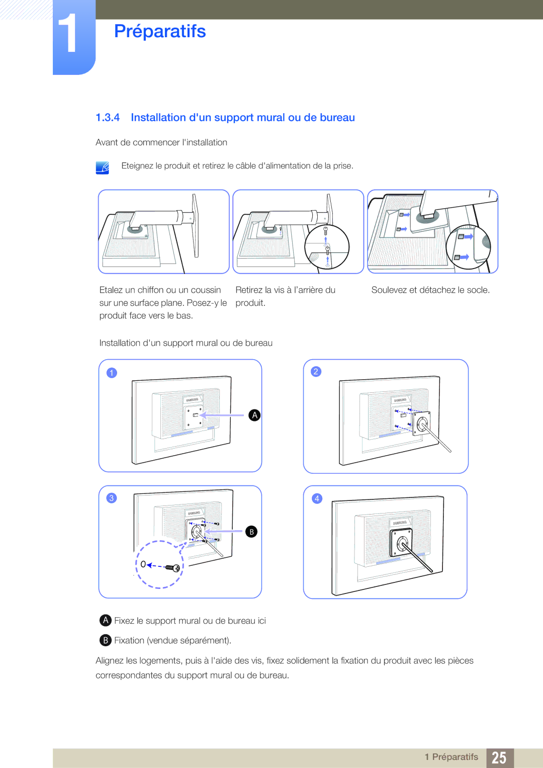 Samsung LS27C45KBS/EN, LS22C45KMS/EN, LS23C45KMS/EN, LS22C45KBSV/EN manual Installation dun support mural ou de bureau 