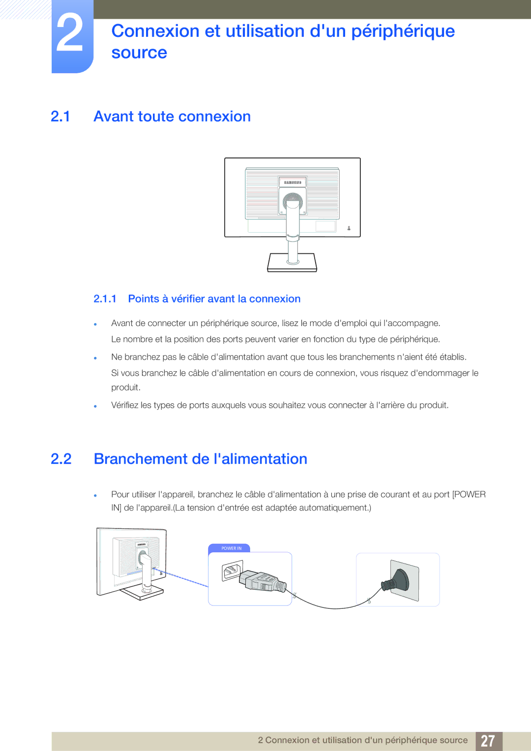 Samsung LS23C45KMS/EN Connexionsource et utilisation dun périphérique, Avant toute connexion, Branchement de lalimentation 