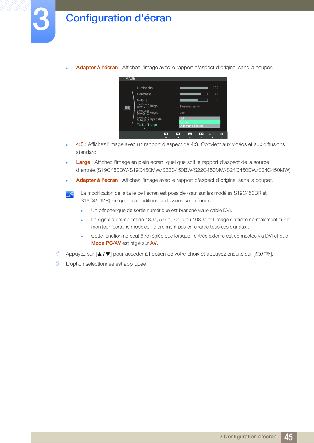 Samsung LS27C45KBSV/EN, LS22C45KMS/EN, LS23C45KMS/EN, LS22C45KBSV/EN, LS22C45KMWV/EN, LS19C45KMR/EN manual Auto Adapter à lécran 