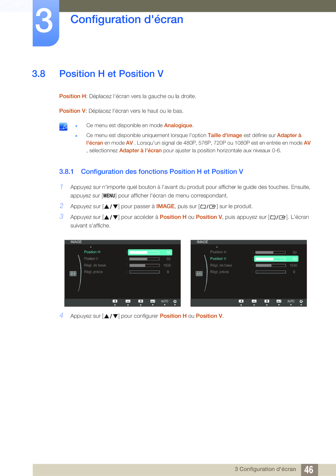 Samsung LS24C45KMW/EN, LS22C45KMS/EN, LS23C45KMS/EN, LS22C45KBSV/EN Configuration des fonctions Position H et Position 