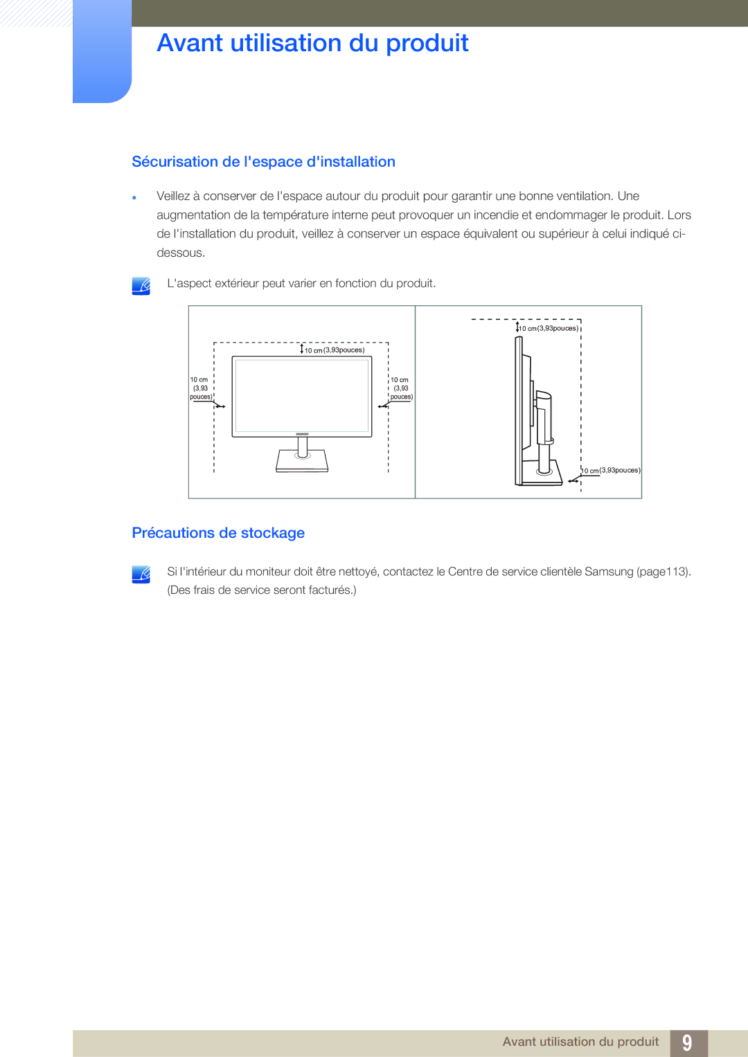 Samsung LS24C45KMS/EN, LS22C45KMS/EN, LS23C45KMS/EN manual Sécurisation de lespace dinstallation, Précautions de stockage 