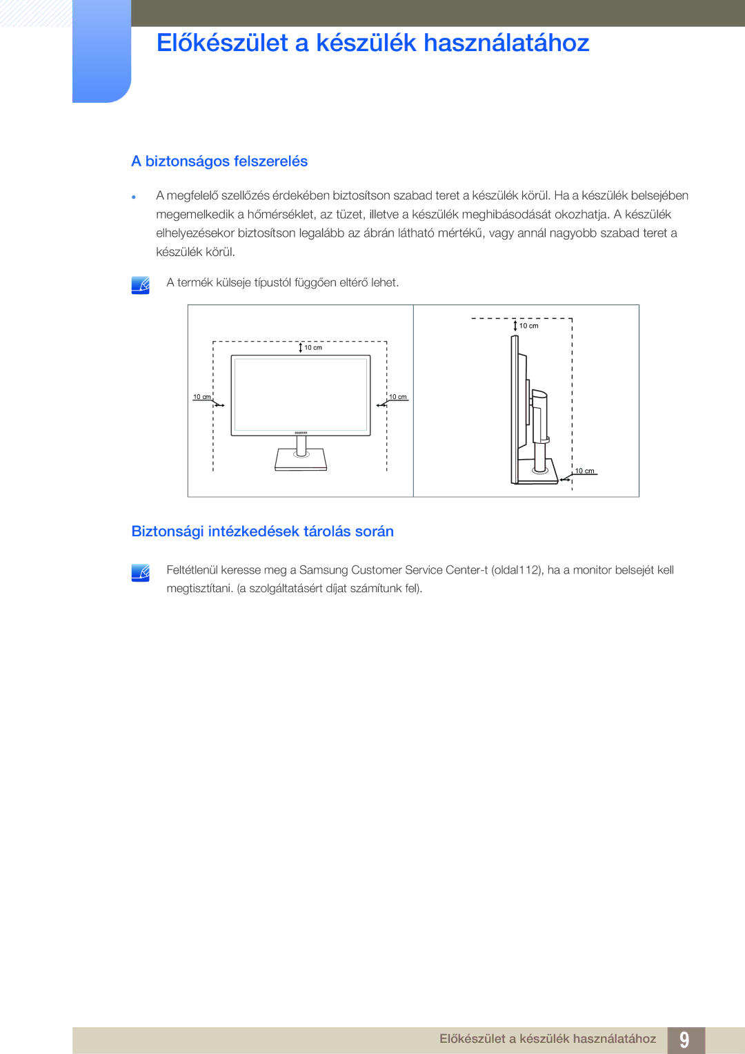 Samsung LS24C45KBSV/EN, LS22C45KMSV/EN, LS19C45KMWV/EN manual Biztonságos felszerelés, Biztonsági intézkedések tárolás során 