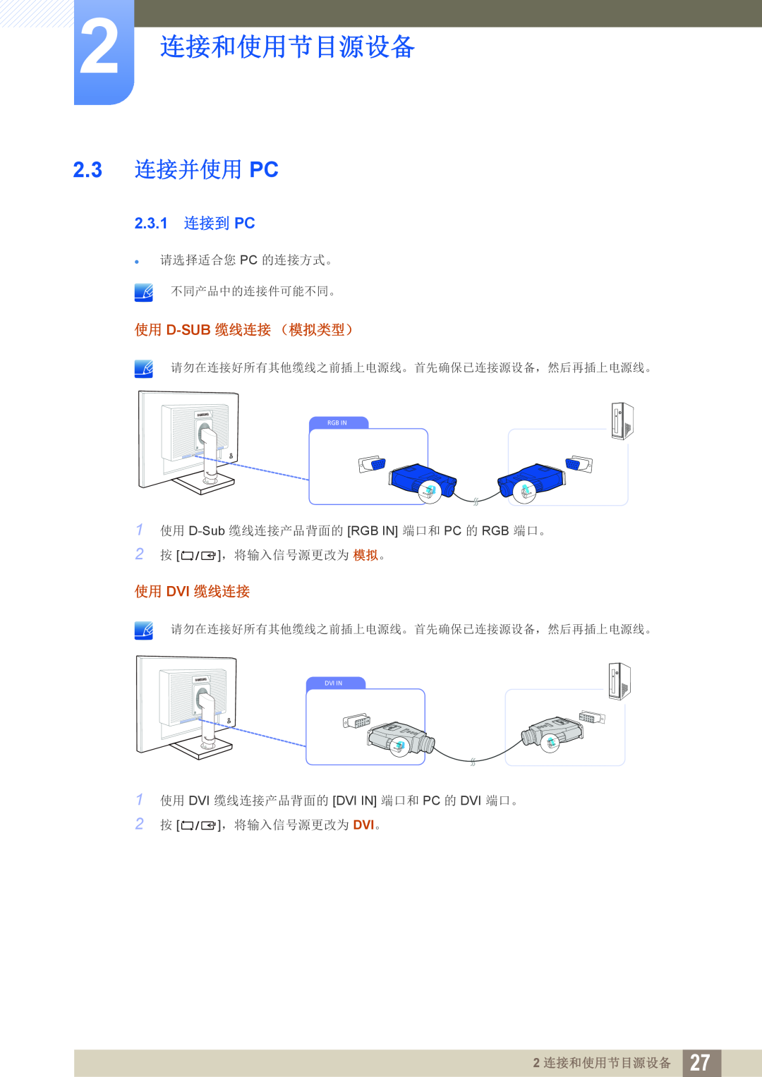 Samsung LS24C45KMS/EN 2.3 连接并使用 PC, 2.3.1 连接到 PC, 使用 D-Sub 缆线连接 （模拟类型）, 使用 Dvi 缆线连接,  请选择适合您 Pc 的连接方式。 不同产品中的连接件可能不同。 
