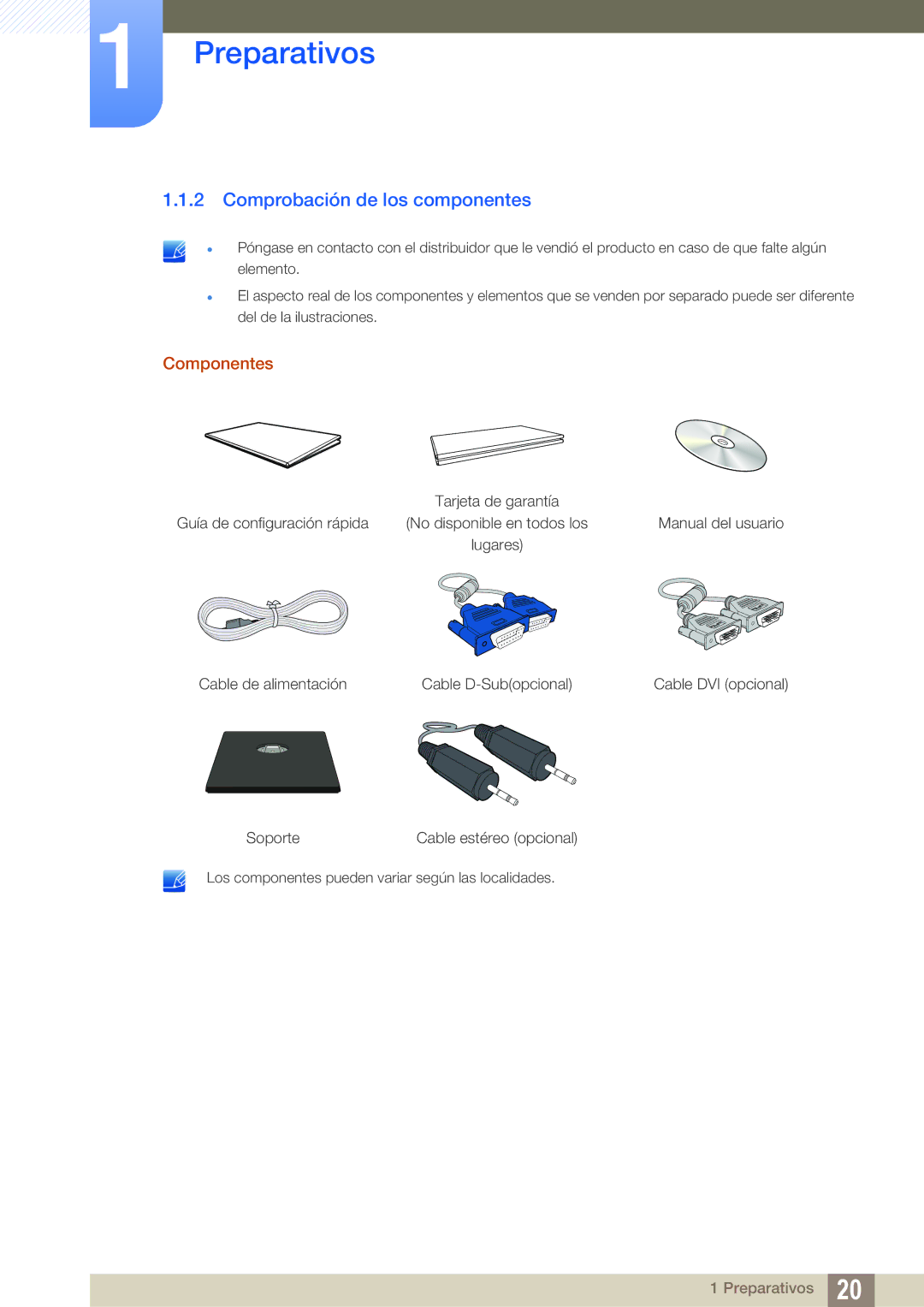 Samsung LS19C45KBR/EN, LS22C45KMSV/EN, LS19C45KMWV/EN, LS22C45KMS/EN manual Comprobación de los componentes, Componentes 