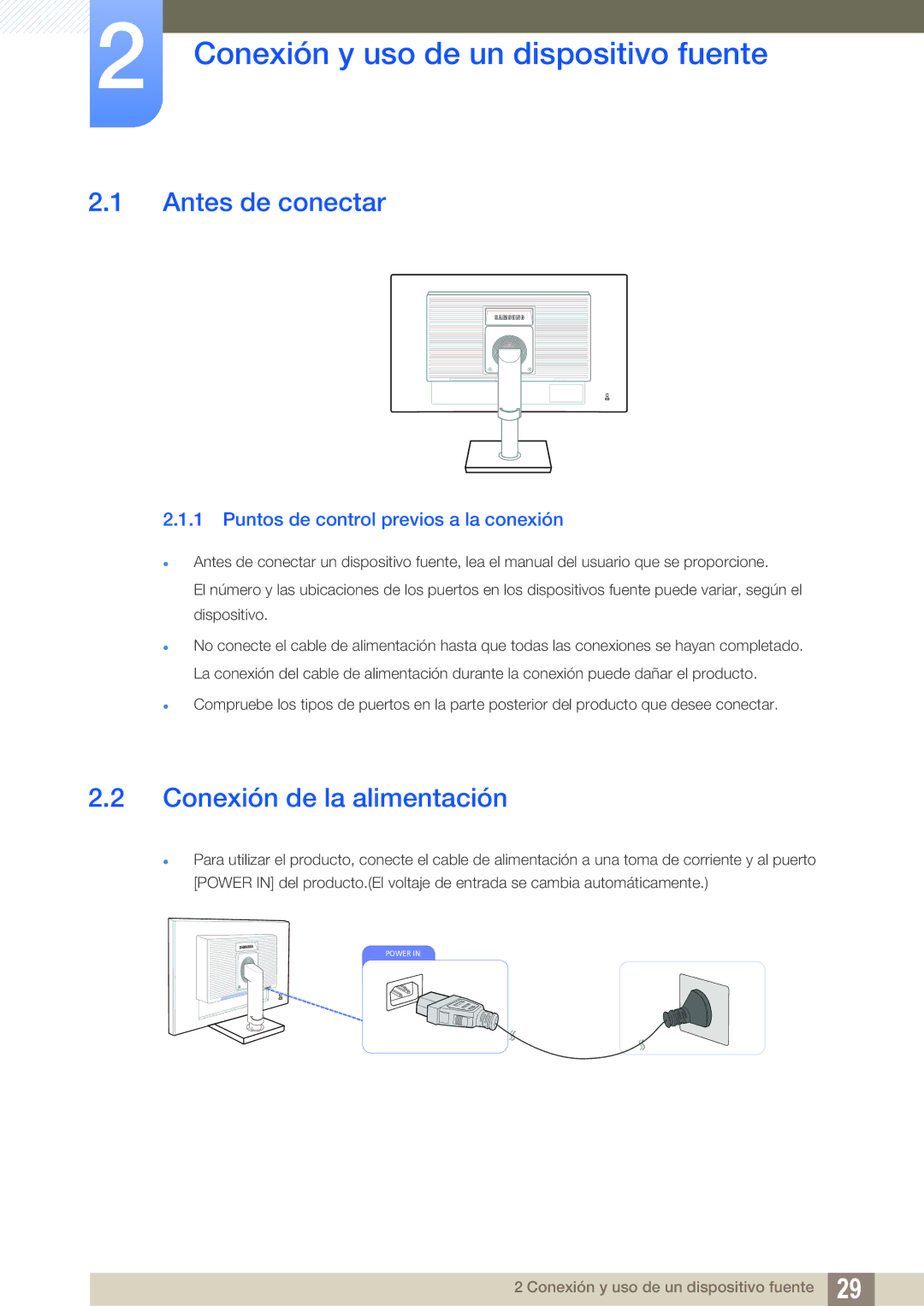 Samsung LS22C45KBWV/EN manual Conexión y uso de un dispositivo fuente, Antes de conectar, Conexión de la alimentación 