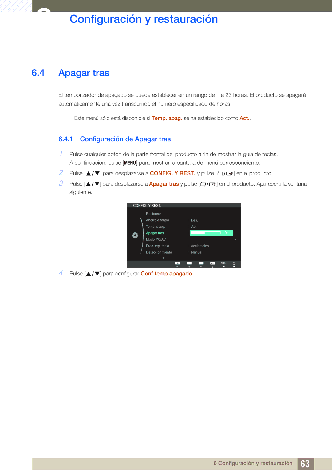 Samsung LS27C45KBS/EN, LS22C45KMSV/EN, LS19C45KMWV/EN, LS22C45KMS/EN, LS19C45KMR/EN manual Configuración de Apagar tras 