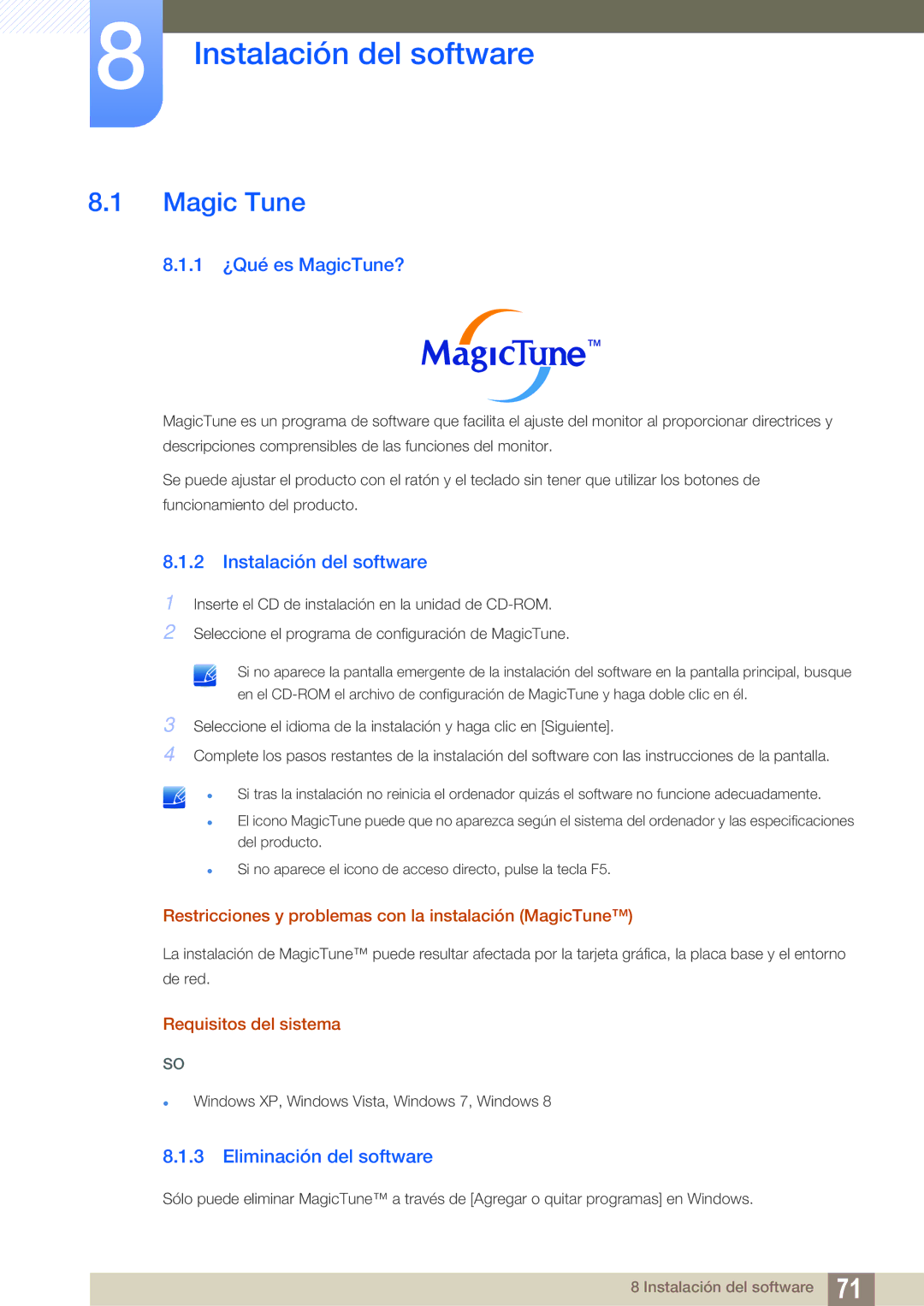 Samsung LS24C45KMS/EN, LS22C45KMSV/EN Instalación del software, Magic Tune, 1 ¿Qué es MagicTune?, Eliminación del software 