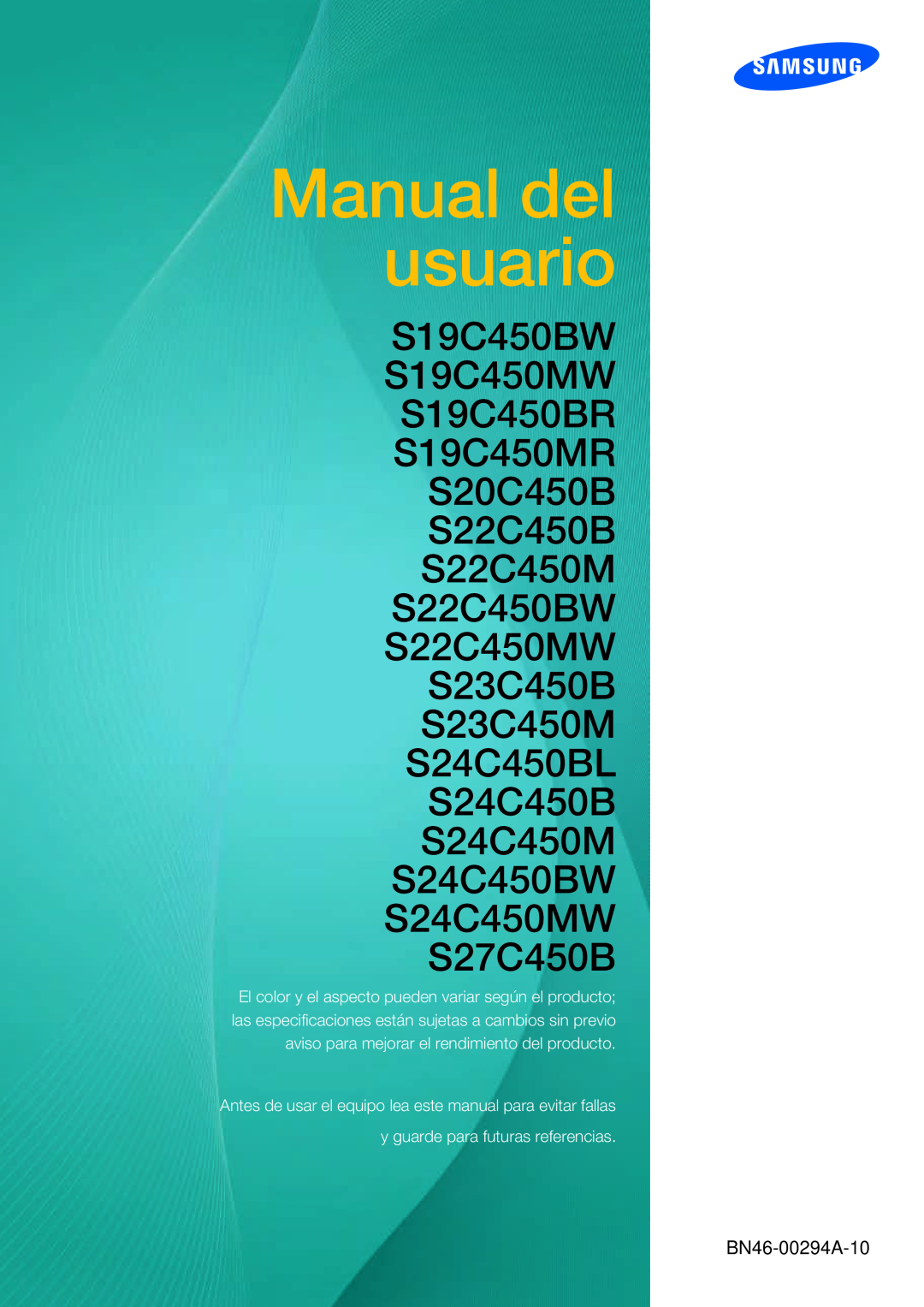 Samsung LS19C45KMWV/EN manual 用户手册, S19C450BW S19C450MW S19C450BR S19C450MR S20C450B S22C450B S22C450M, BN46-00294A-10 