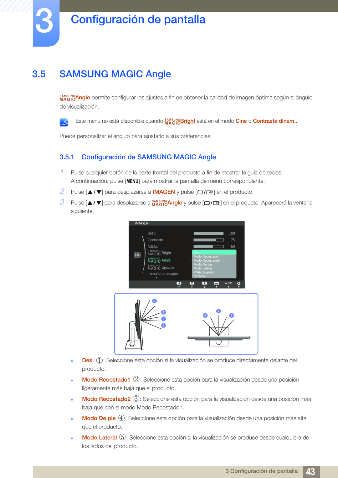 Samsung LS19C45KBW/EN, LS22C45KMSV/EN, LS19C45KMWV/EN Configuración de SAMSUNG MAGIC Angle, Configuración de pantalla 
