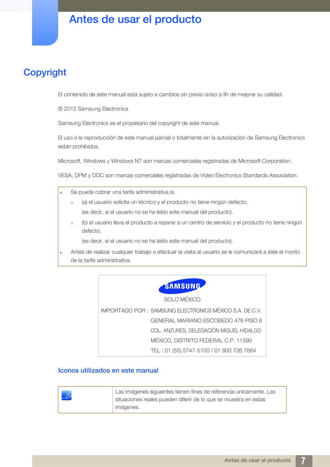 Samsung LS24C45KMS/EN, LS22C45KMSV/EN, LS22C45KMS/EN Antes de usar el producto, Copyright, Iconos utilizados en este manual 