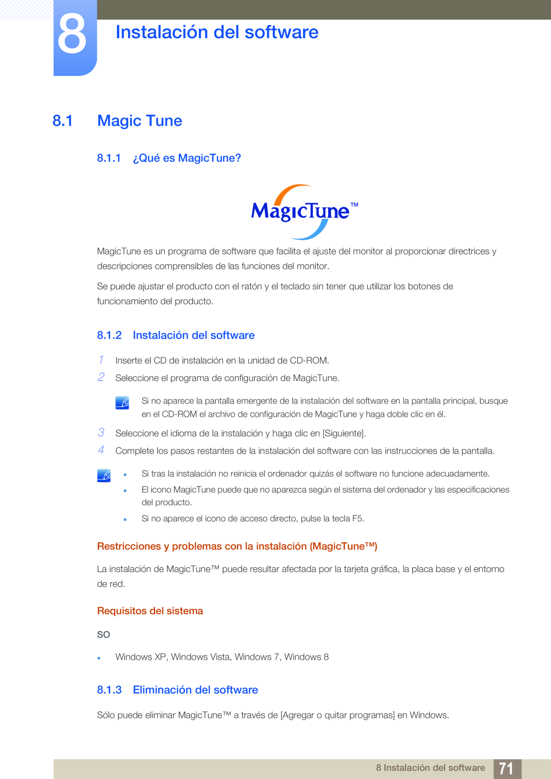 Samsung LS24C45KMS/EN manual Instalación del software, Magic Tune, 8.1.1 ¿Qué es MagicTune?, Eliminación del software 