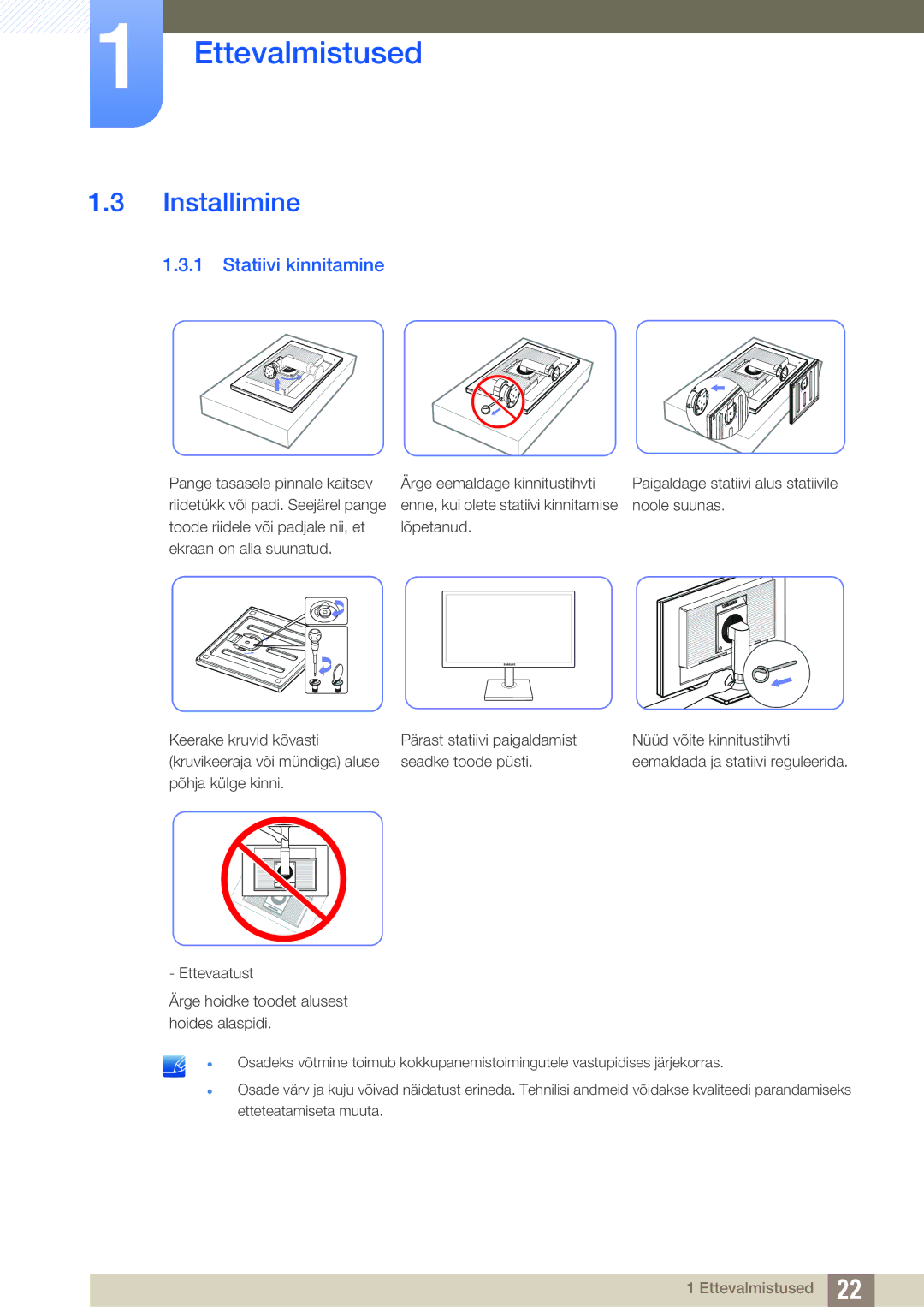 Samsung LS22C45KMSV/EN, LS22C45KMS/EN, LS23C45KMS/EN, LS22C45KBSV/EN, LS22C45KMWV/EN manual Installimine, Statiivi kinnitamine 