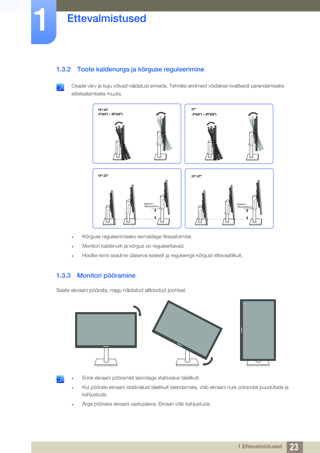 Samsung LS22C45KMS/EN, LS22C45KMSV/EN, LS23C45KMS/EN manual Toote kaldenurga ja kõrguse reguleerimine, Monitori pööramine 