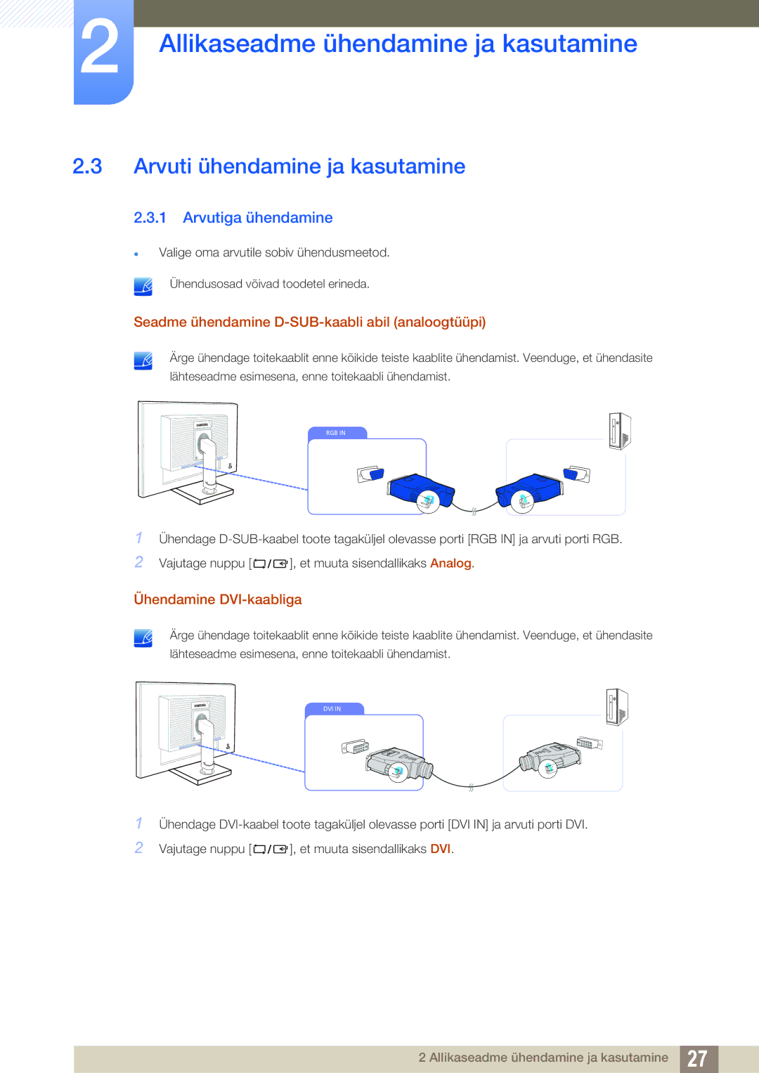 Samsung LS19C45KMR/EN, LS22C45KMSV/EN, LS22C45KMS/EN, LS23C45KMS/EN Arvuti ühendamine ja kasutamine, Arvutiga ühendamine 