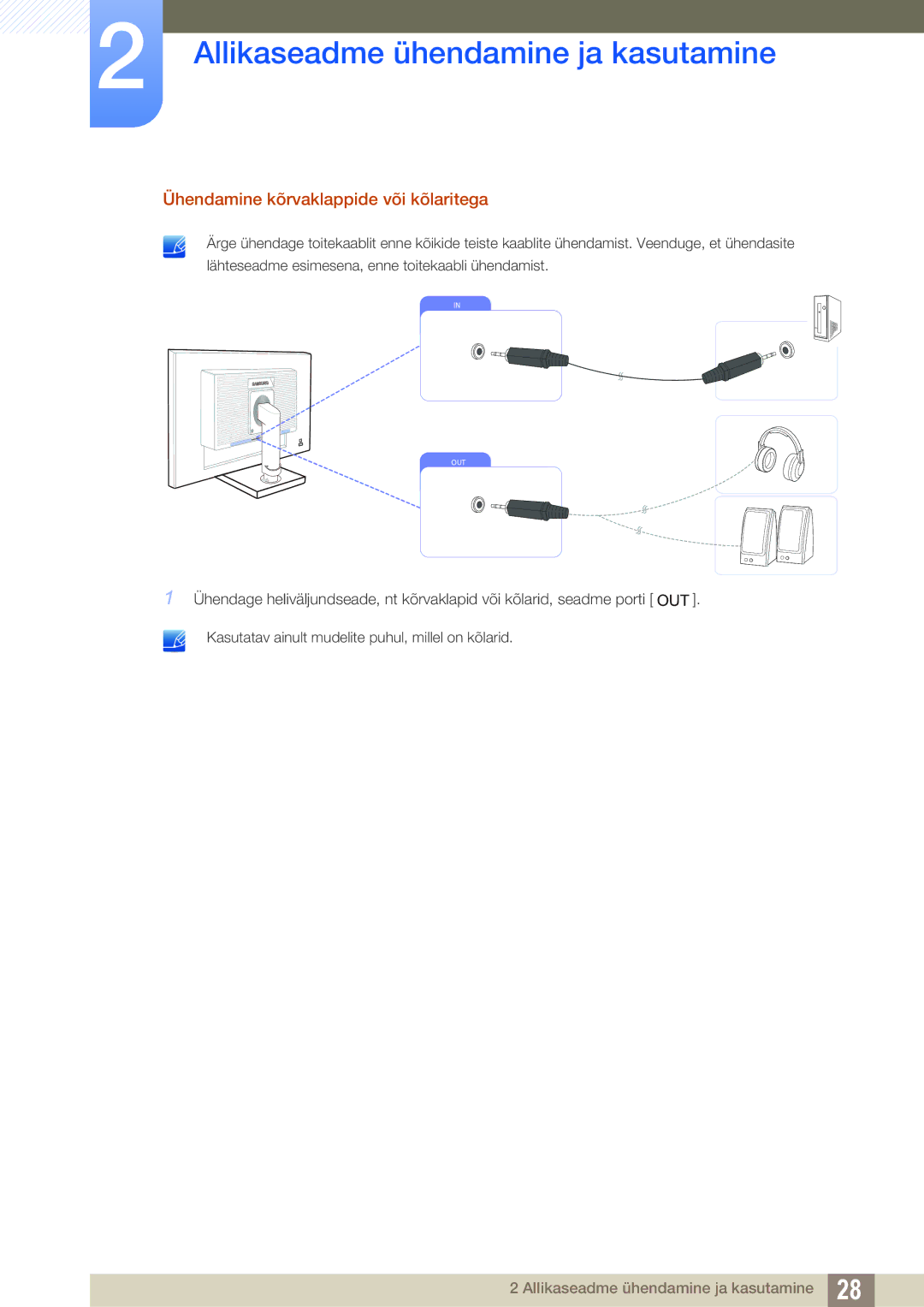 Samsung LS19C45KBR/EN, LS22C45KMSV/EN, LS22C45KMS/EN, LS23C45KMS/EN, LS22C45KBSV/EN Ühendamine kõrvaklappide või kõlaritega 