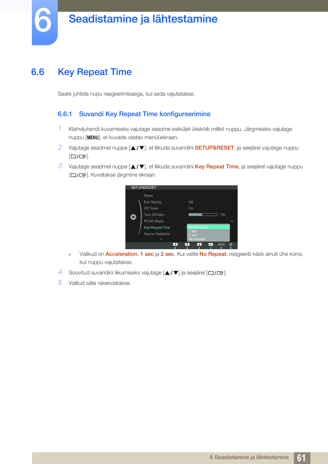 Samsung LS24C45KMW/EN, LS22C45KMSV/EN, LS22C45KMS/EN, LS23C45KMS/EN manual Suvandi Key Repeat Time konfigureerimine 