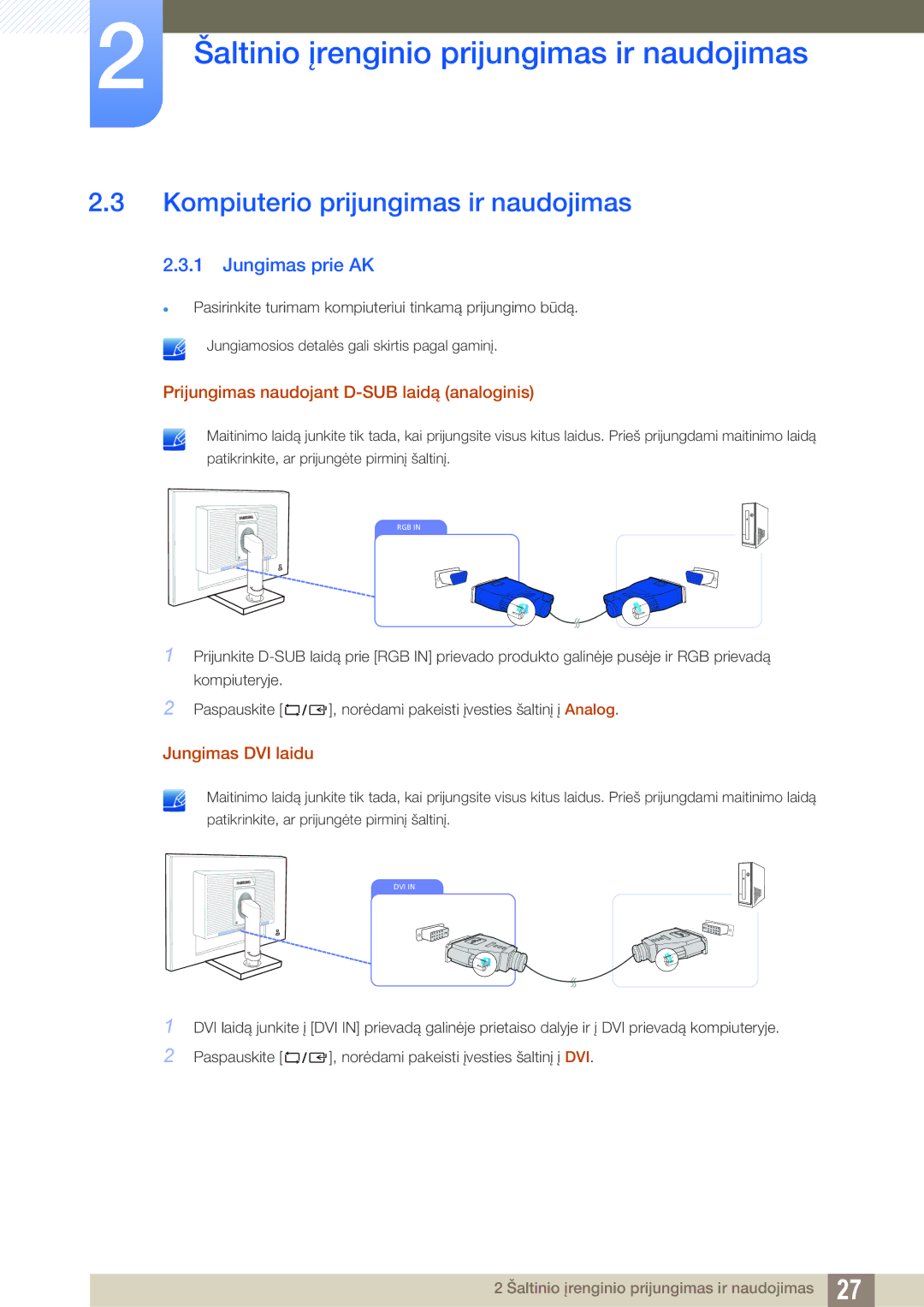 Samsung LS19C45KMR/EN, LS22C45KMSV/EN, LS22C45KMS/EN, LS23C45KMS/EN Kompiuterio prijungimas ir naudojimas, Jungimas prie AK 