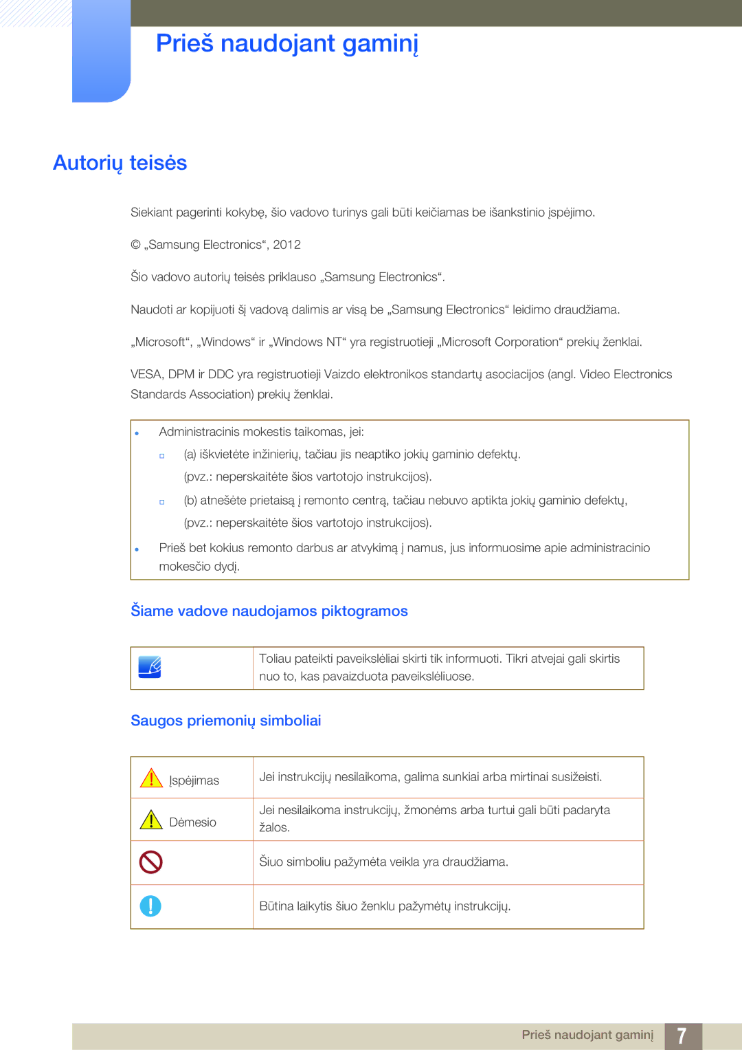 Samsung LS24C45KBS/EN, LS22C45KMSV/EN manual Prieš naudojant gaminį, Autorių teisės, Šiame vadove naudojamos piktogramos 