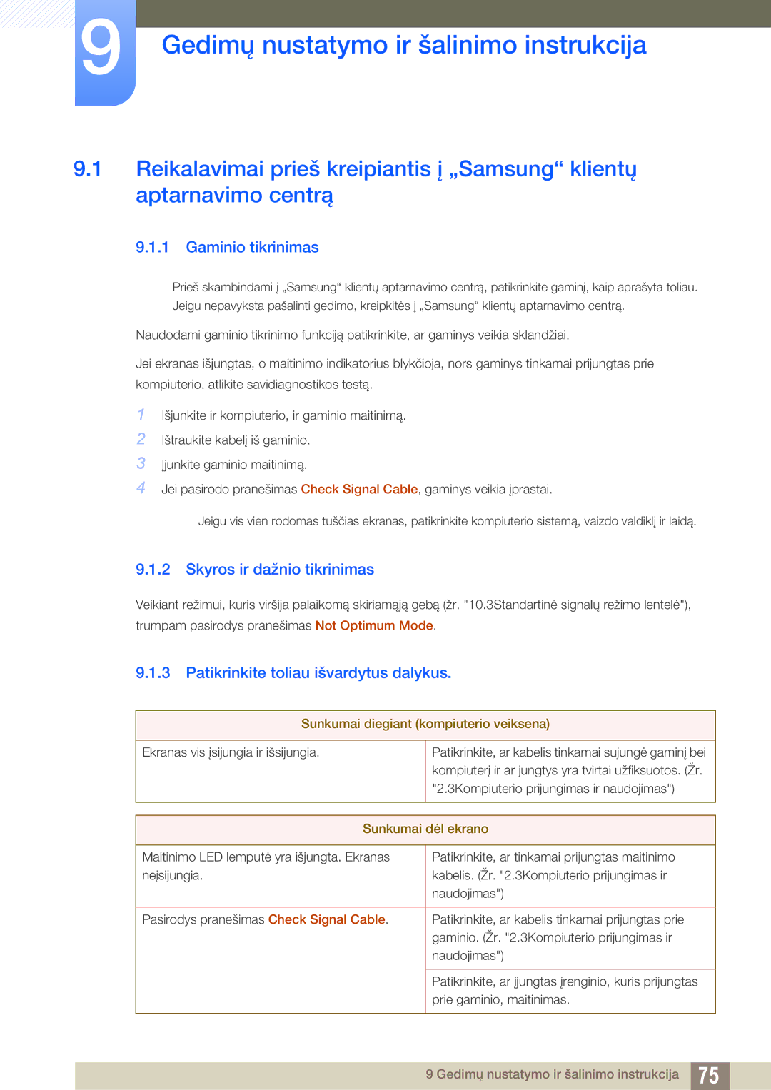 Samsung LS24C45KMS/EN manual Gedimų nustatymo ir šalinimo instrukcija, Gaminio tikrinimas, Skyros ir dažnio tikrinimas 