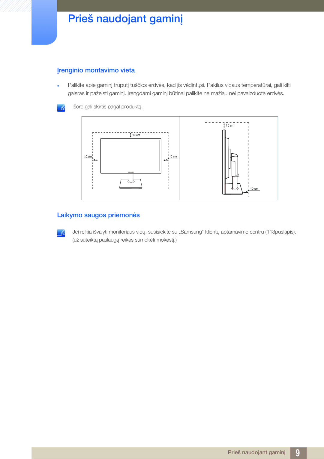 Samsung LS24C45KMS/EN, LS22C45KMSV/EN, LS22C45KMS/EN, LS23C45KMS/EN manual Įrenginio montavimo vieta, Laikymo saugos priemonės 