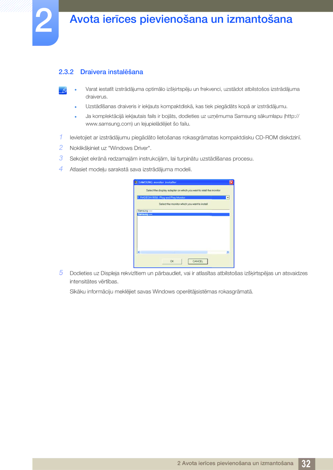 Samsung LS24C45KBSV/EN, LS22C45KMSV/EN, LS22C45KMS/EN, LS23C45KMS/EN, LS22C45KBSV/EN, LS22C45KMWV/EN manual Draivera instalēšana 