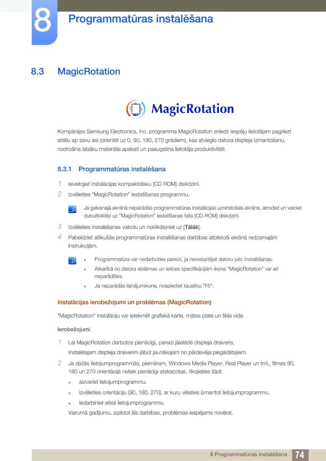 Samsung LS22C45KBS/EN, LS22C45KMSV/EN, LS22C45KMS/EN, LS23C45KMS/EN Instalācijas ierobežojumi un problēmas MagicRotation 