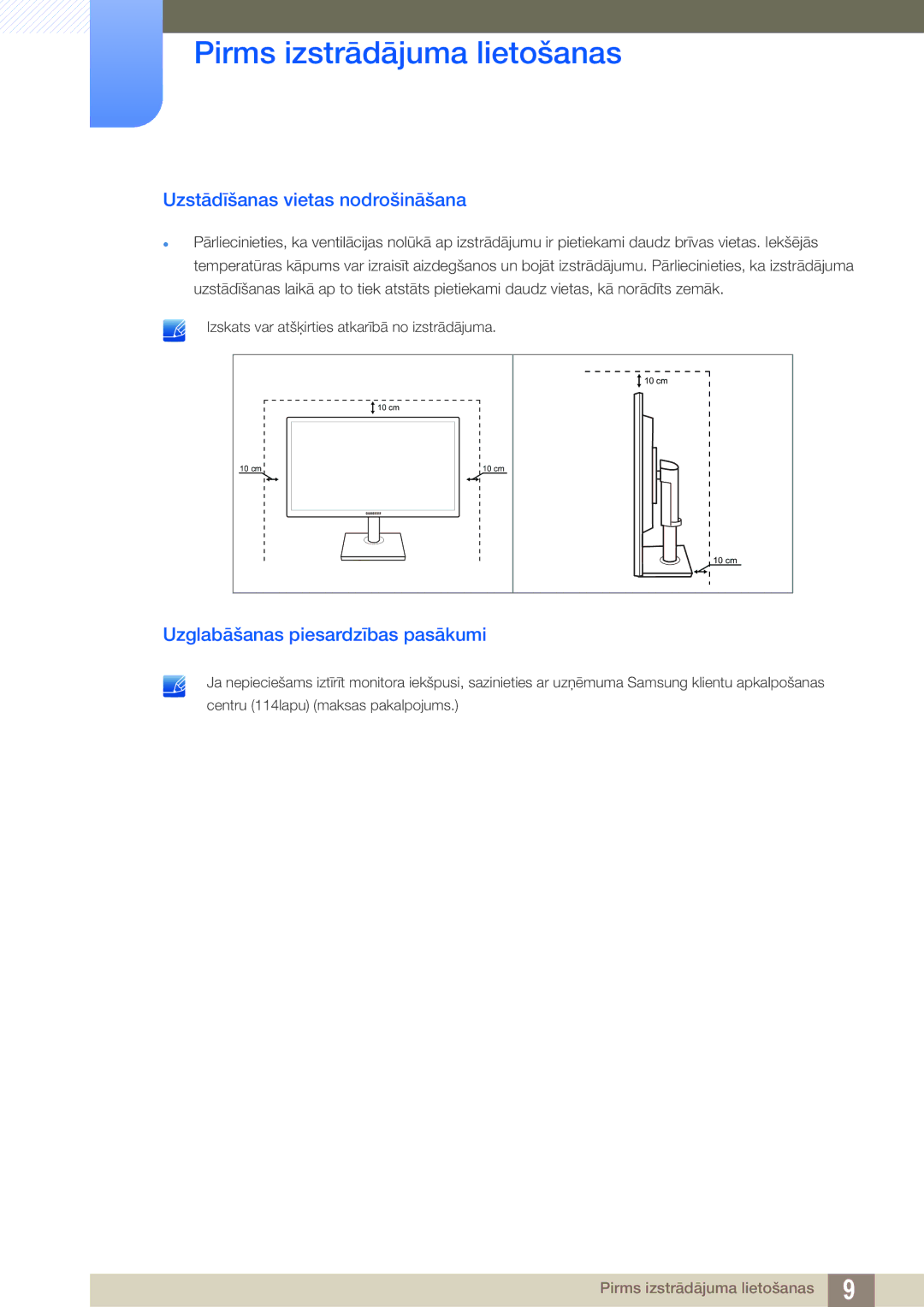 Samsung LS24C45KMS/EN, LS22C45KMSV/EN, LS22C45KMS/EN Uzstādīšanas vietas nodrošināšana, Uzglabāšanas piesardzības pasākumi 