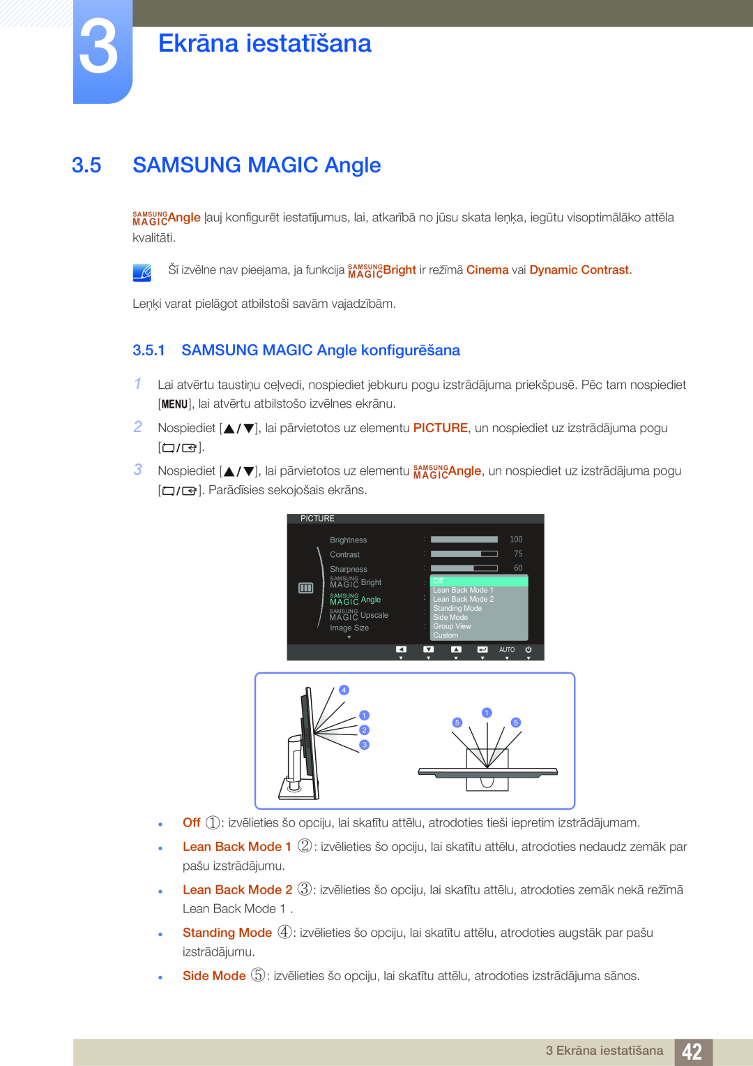 Samsung LS23C45KBS/EN, LS22C45KMSV/EN, LS22C45KMS/EN manual SAMSUNG MAGIC Angle konfigurēšana, 3 Ekrāna iestatīšana 