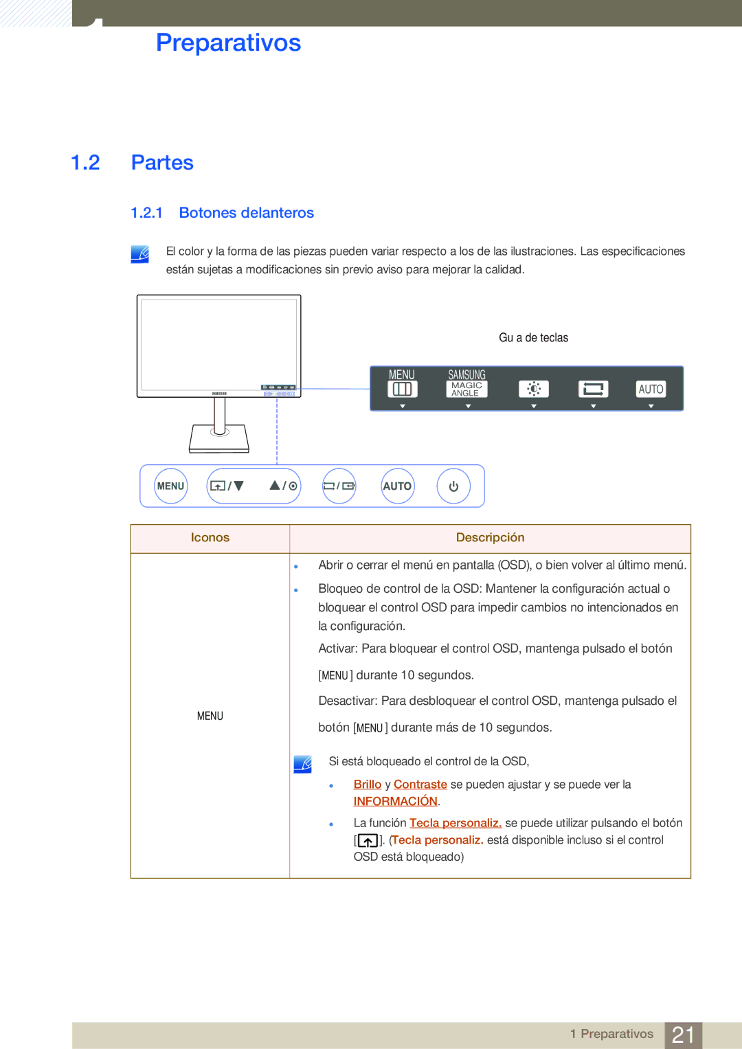 Samsung LS22C45UDW/EN, LS22C45UFS/EN manual Partes, Botones delanteros 