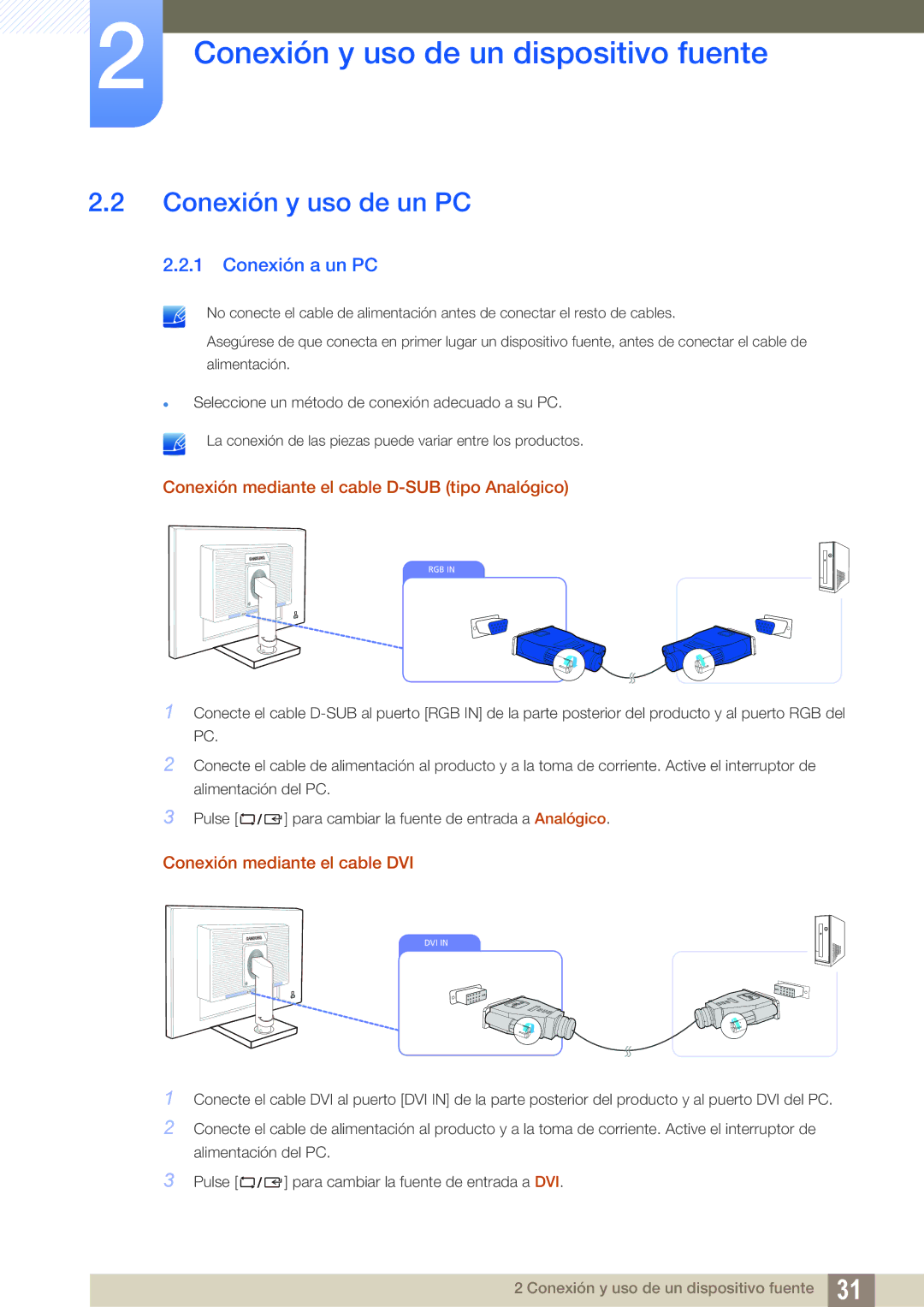 Samsung LS22C45UDW/EN manual Conexión y uso de un PC, Conexión a un PC, Conexión mediante el cable D-SUB tipo Analógico 