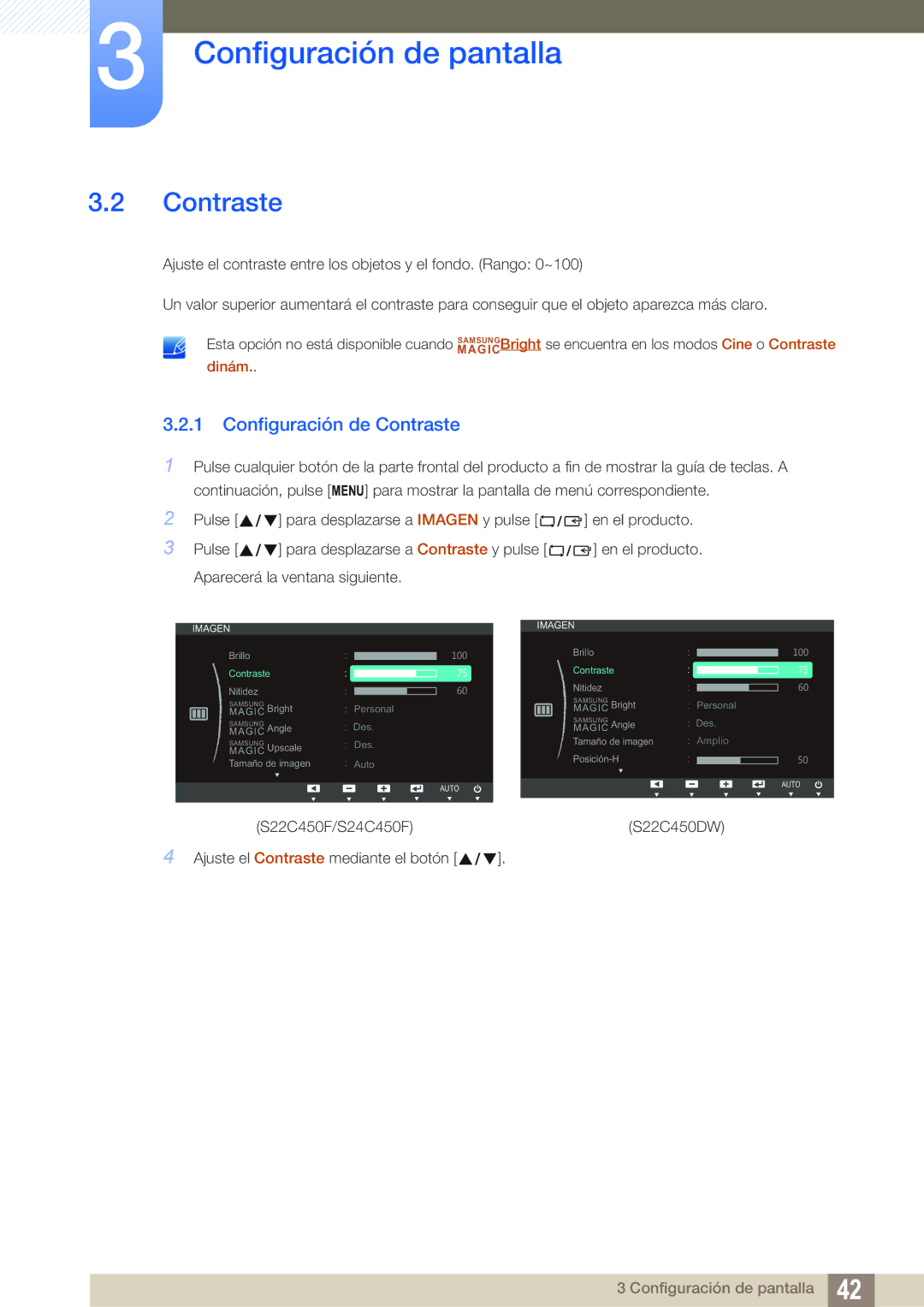 Samsung LS22C45UFS/EN, LS22C45UDW/EN manual Configuración de Contraste 