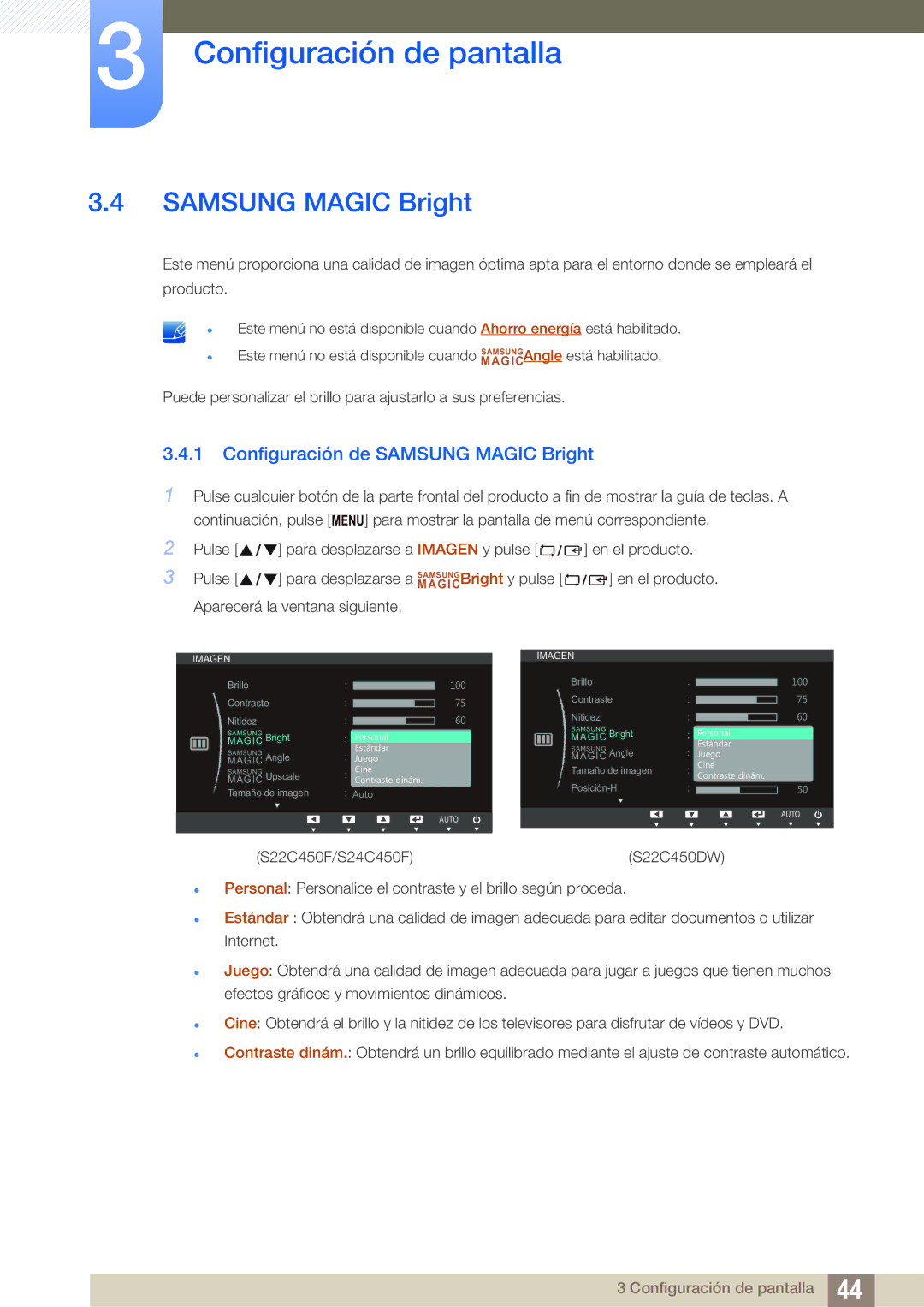 Samsung LS22C45UFS/EN, LS22C45UDW/EN manual Configuración de Samsung Magic Bright 