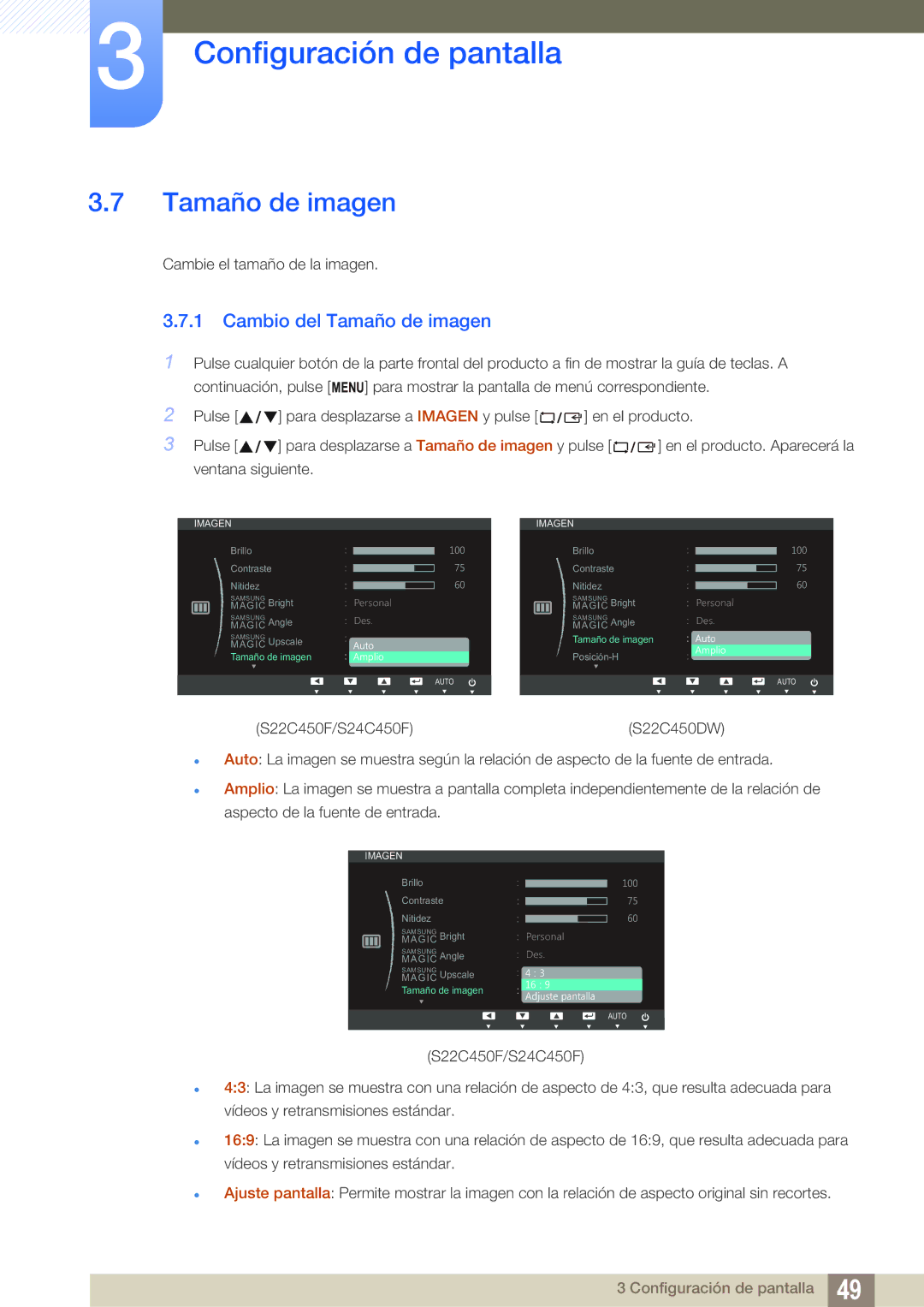 Samsung LS22C45UDW/EN, LS22C45UFS/EN manual Cambio del Tamaño de imagen 