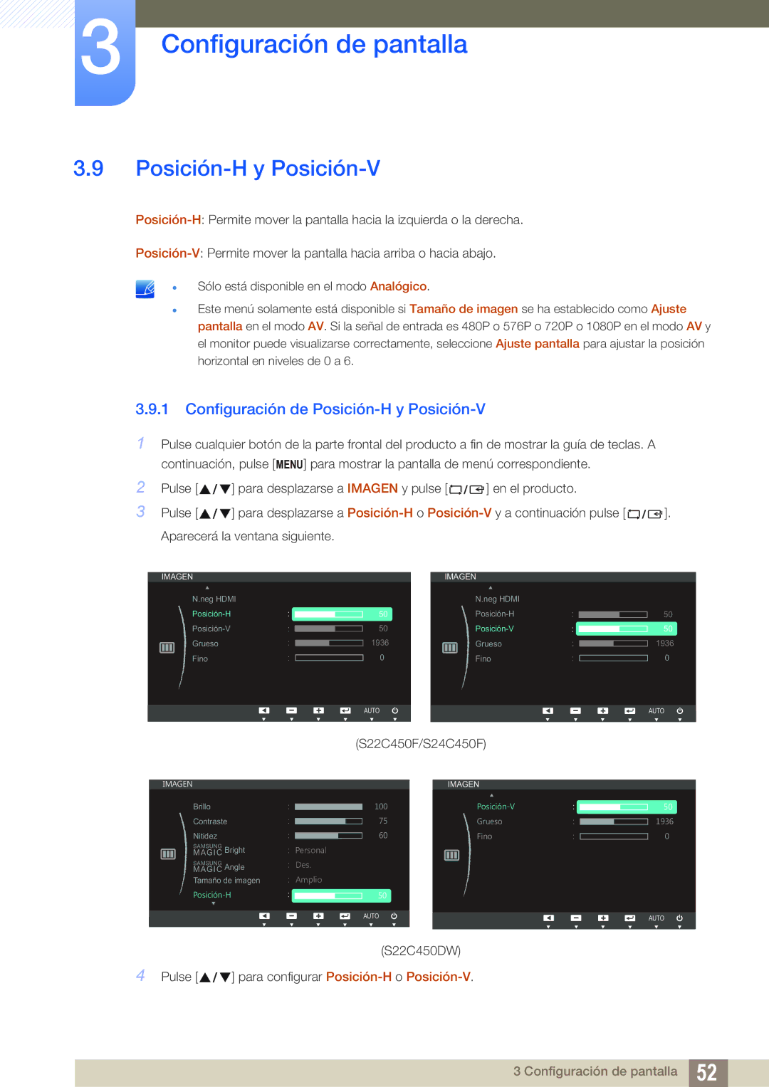 Samsung LS22C45UFS/EN, LS22C45UDW/EN manual Configuración de Posición-H y Posición-V 