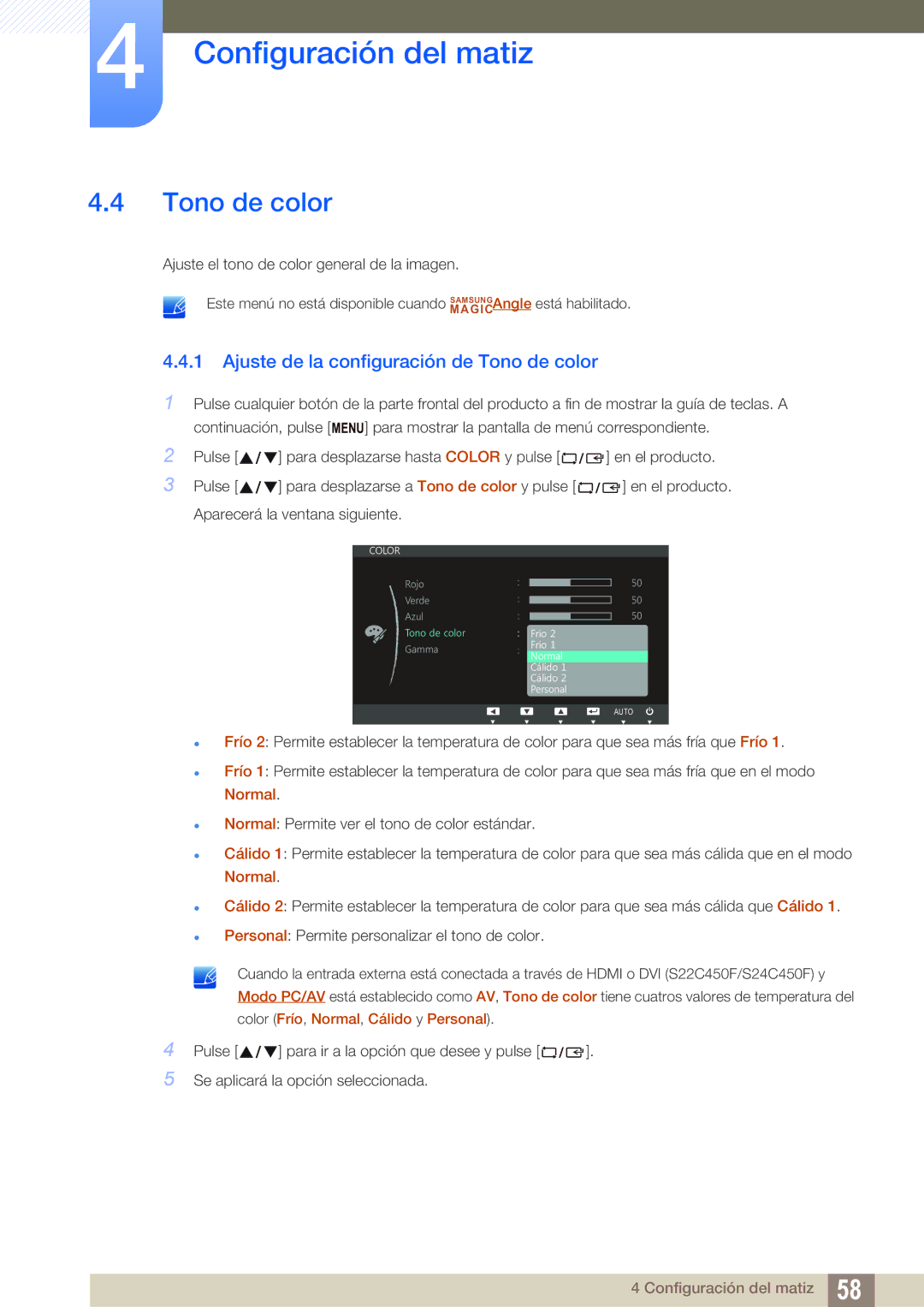 Samsung LS22C45UFS/EN, LS22C45UDW/EN manual Ajuste de la configuración de Tono de color 