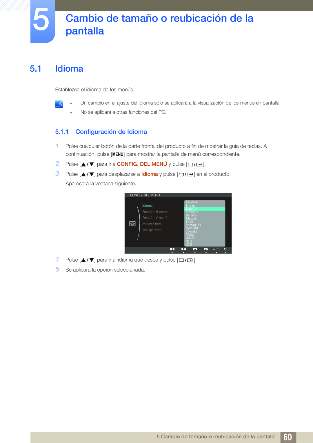 Samsung LS22C45UFS/EN, LS22C45UDW/EN manual Cambiopantalla de tamaño o reubicación de la, Configuración de Idioma 